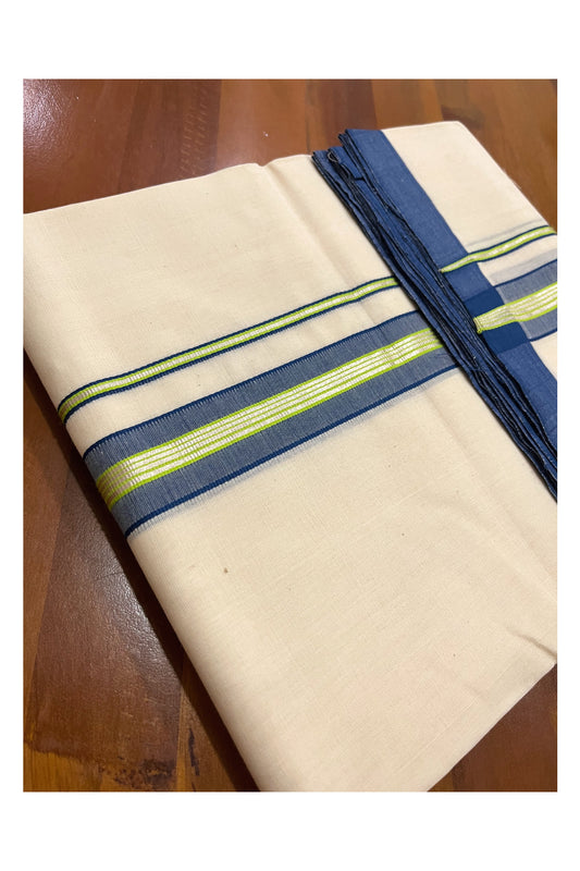 Southloom Premium Handloom Double Mundu with Blue and Silver Kasavu Border