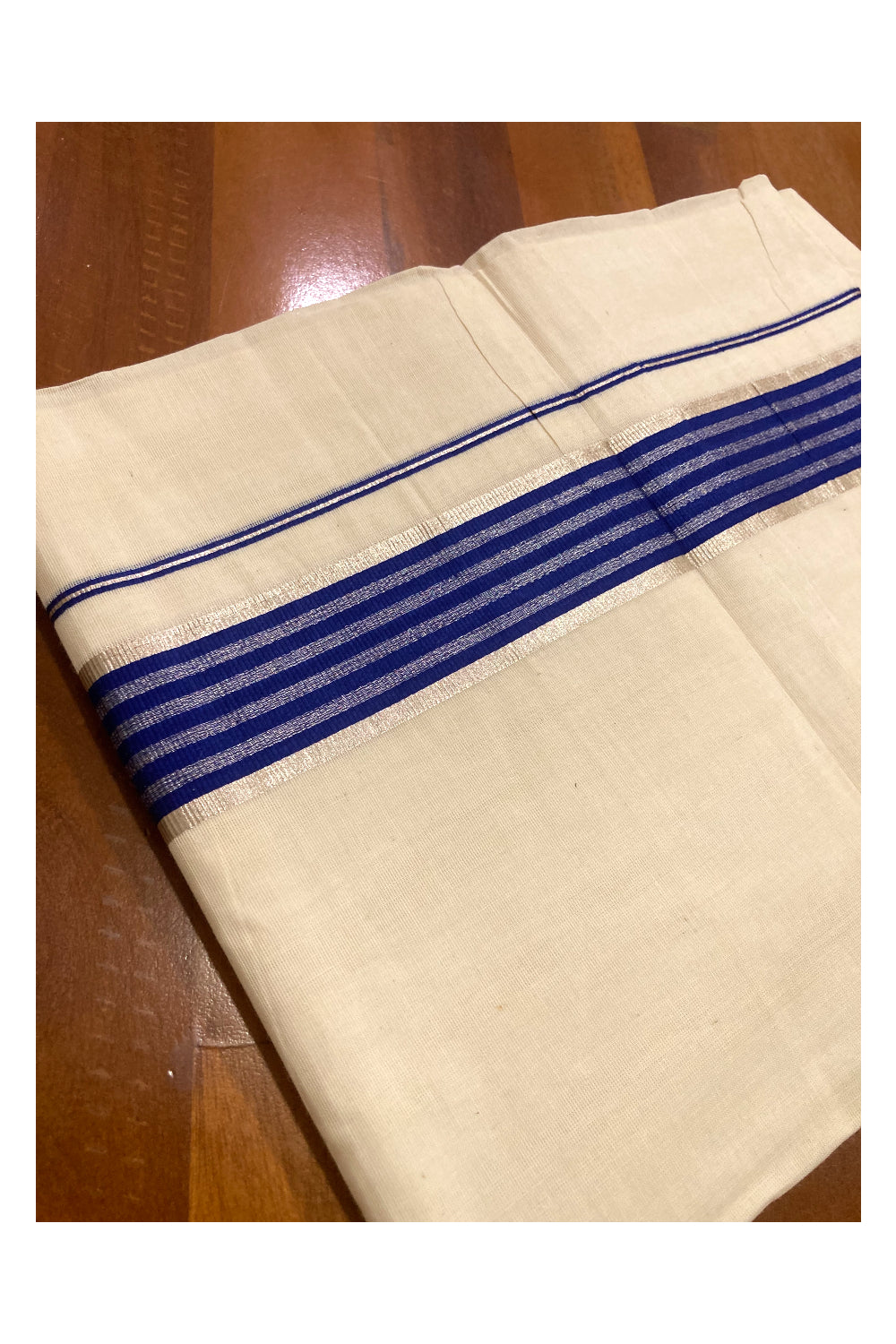 Off White Kerala Double Mundu with Blue and Silver Kasavu Lines Border (South Indian Dhoti)