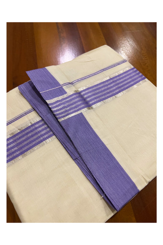 Off White Kerala Double Mundu with Violet and Silver Kasavu Lines Border (South Indian Kerala Dhoti)