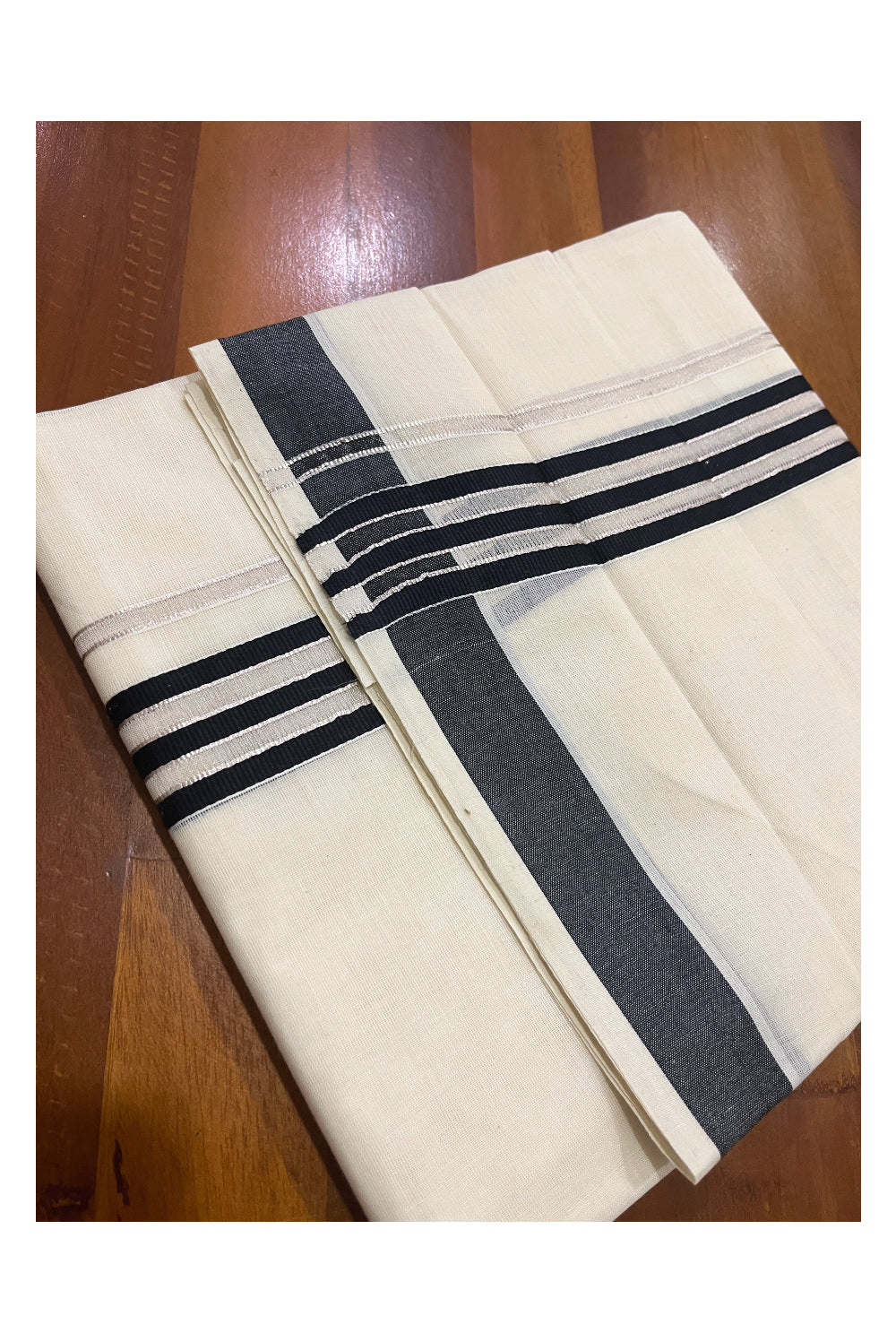 Pure Cotton Off White Double Mundu with Black and Silver Kasavu Kara (South Indian Dhoti)