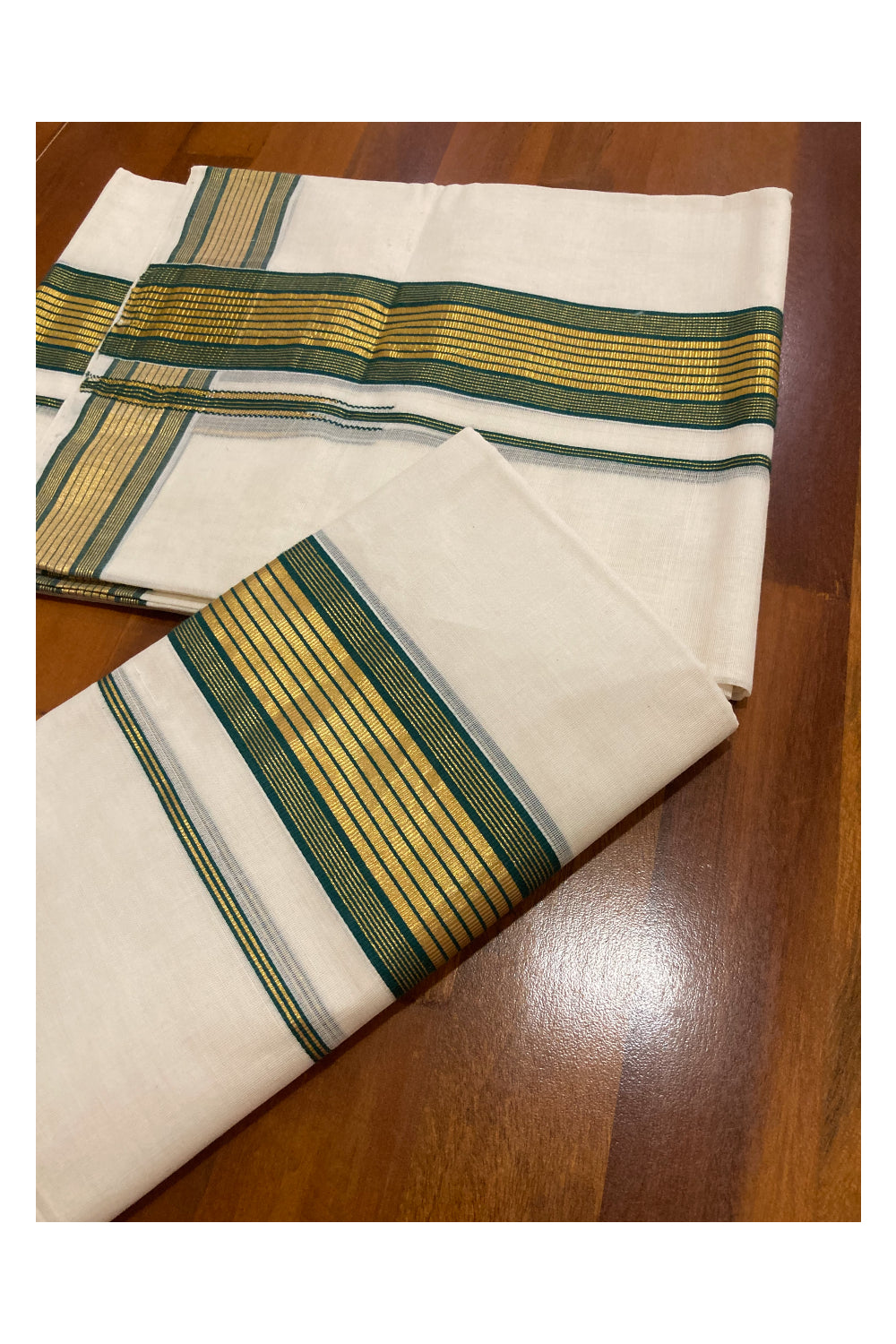 Southloom Premium Handloom Set Mundu with Kasavu and Green Border 2.80 Mtrs