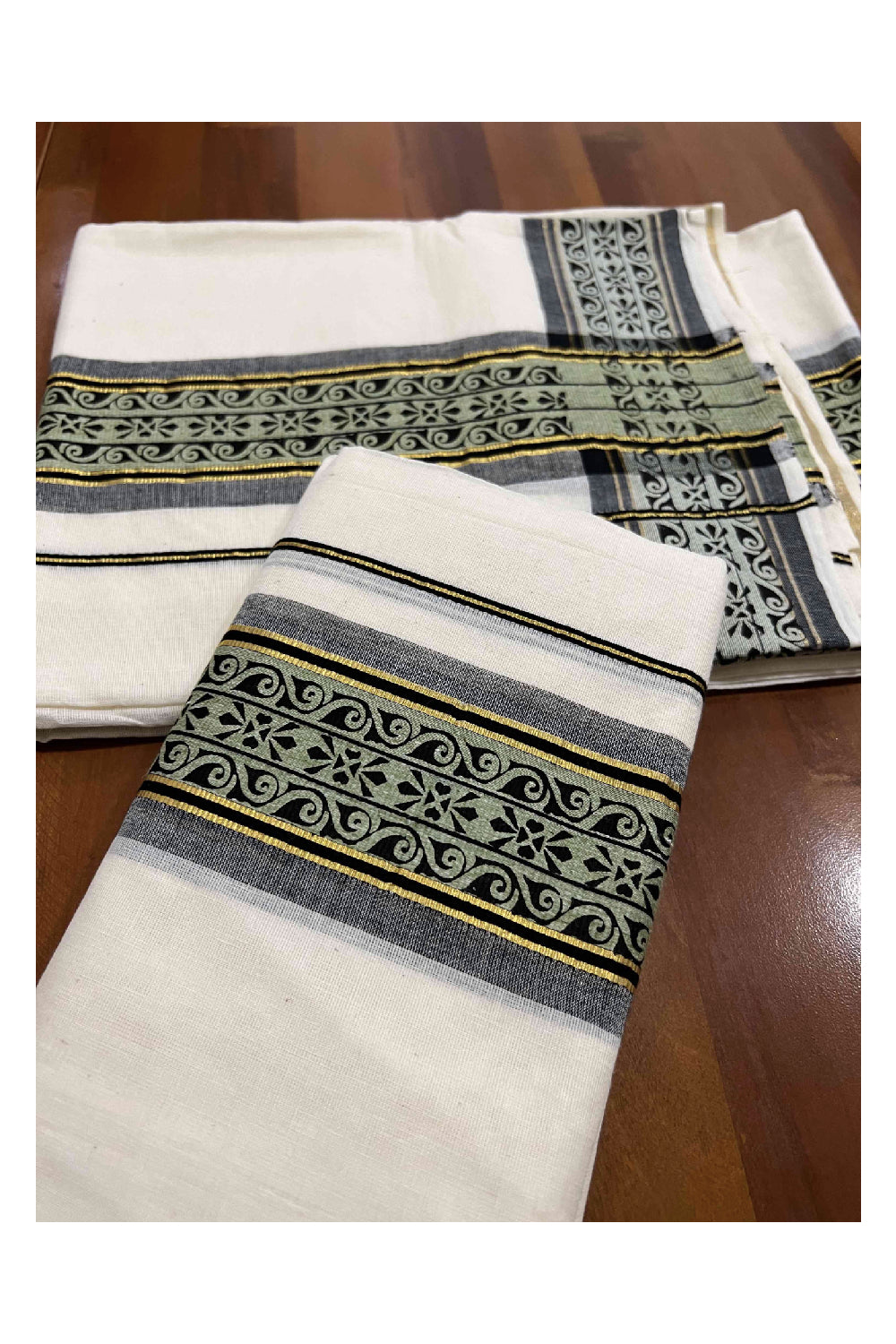 Kerala Cotton Set Mundu (Mundum Neriyathum) with Kasavu and Black Block Print Border