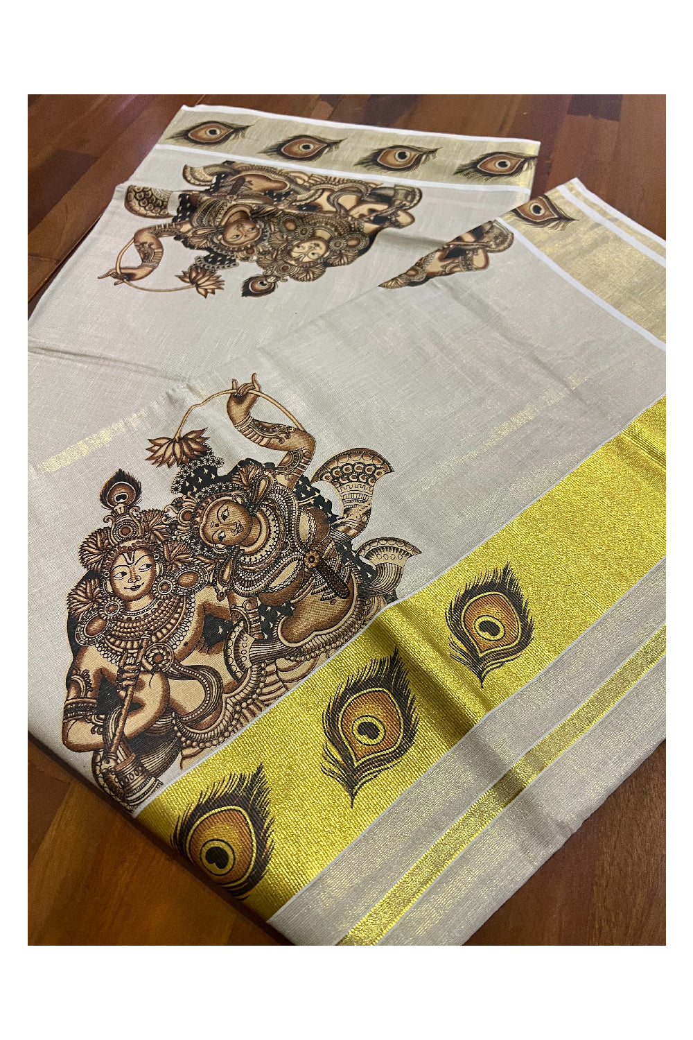 Kerala Tissue Kasavu Saree With Mural Krishna Radha Design and Printed Border