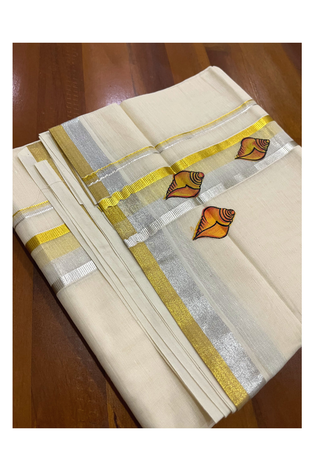 Off White Pure Cotton Double Mundu with Shell Mural Painted Design on Silver and Golden Kasavu Kara (South Indian Dhoti)