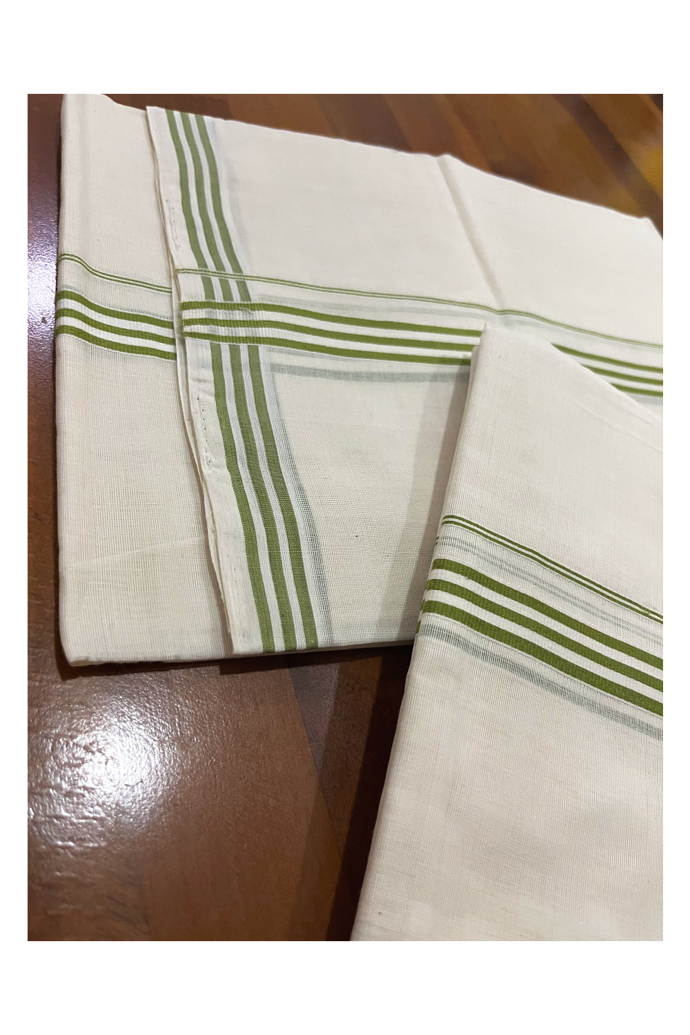 Southloom Premium Handloom Single Set Mundu (Mundum Neriyathum) with Green Lines Border