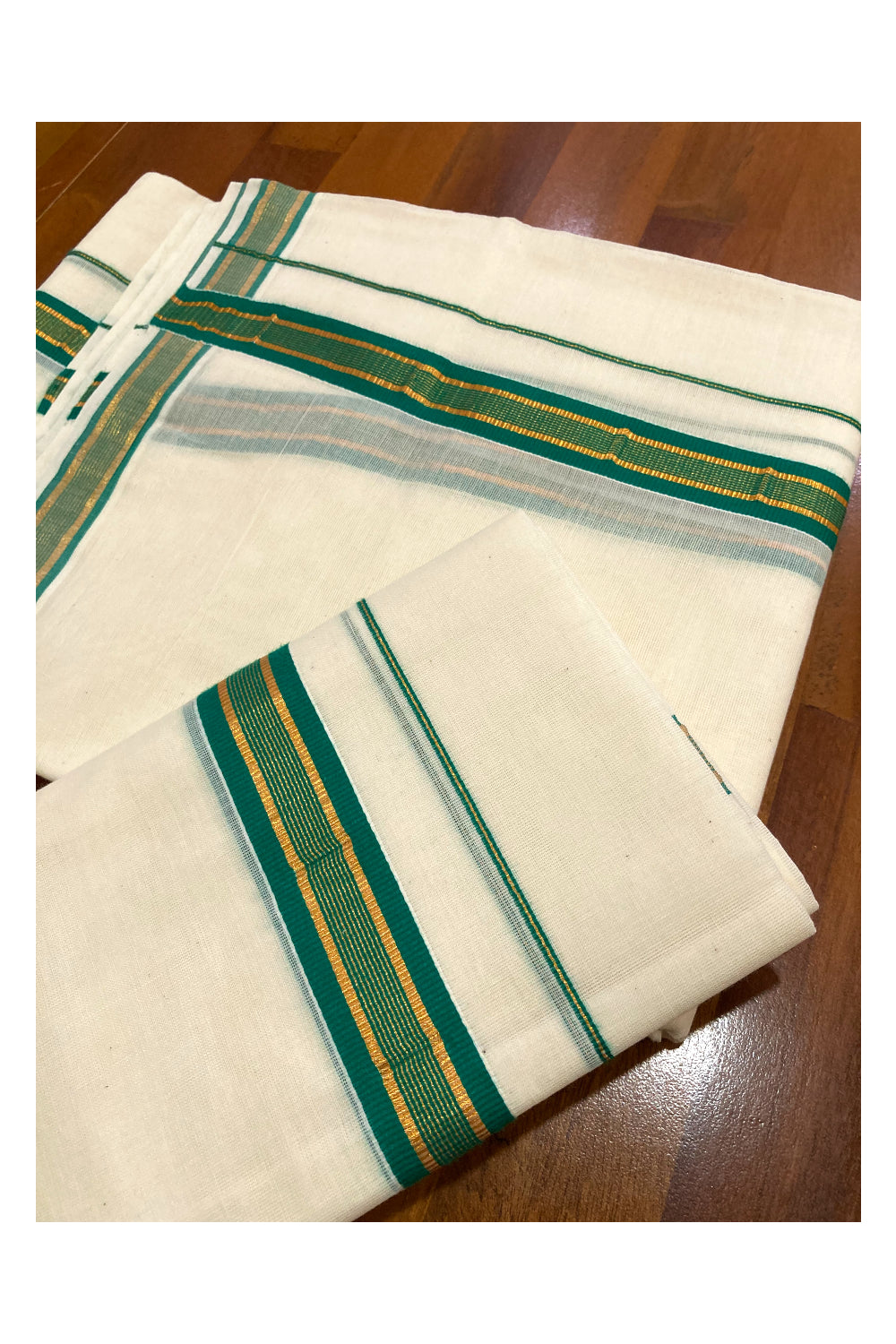 Mundum Neriyathum Double (Set Mundu) with Green and Kasavu Border