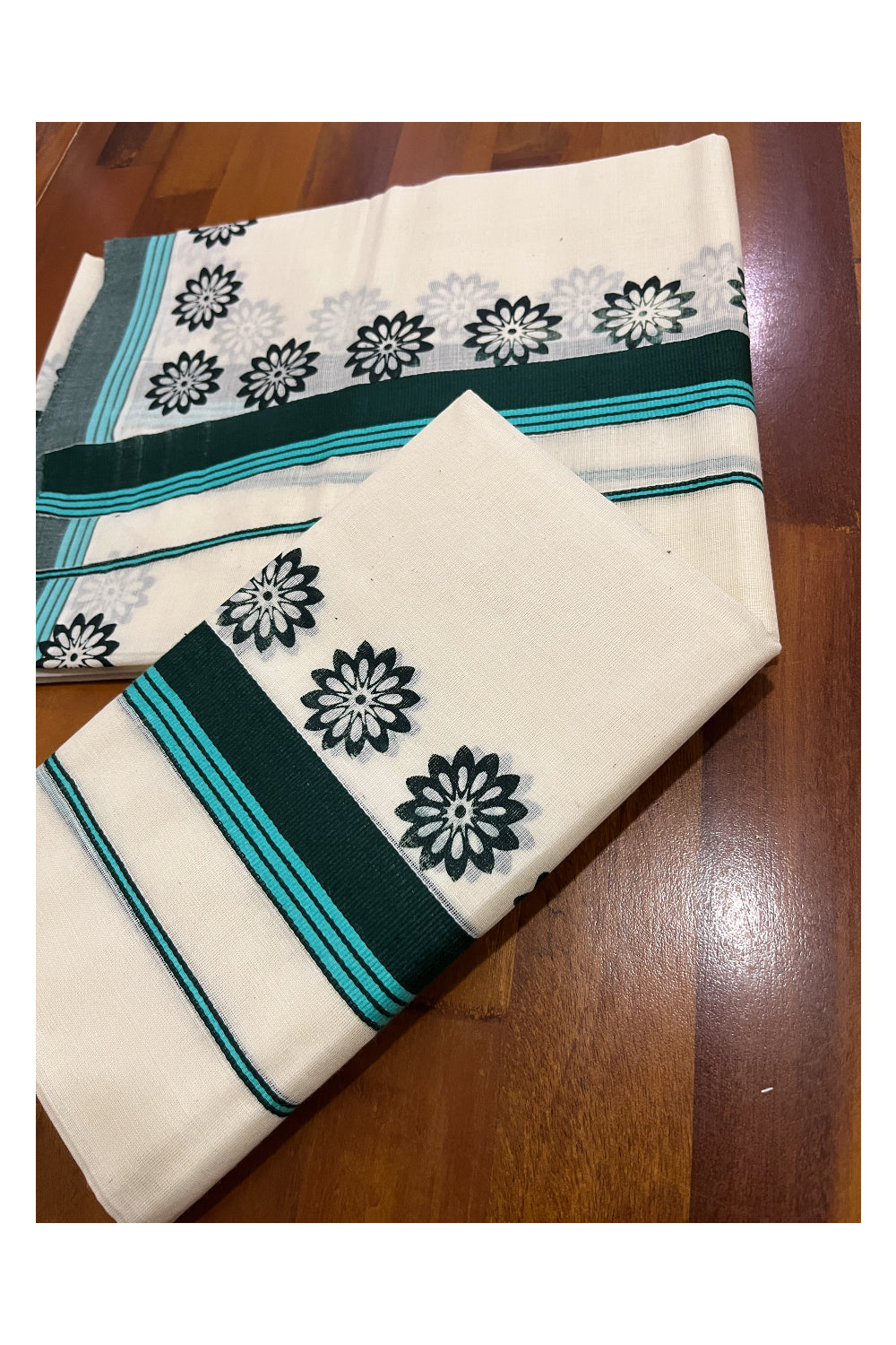 Kerala Cotton Single Set Mundu (Mundum Neriyathum) with Green Blue Floral Block Prints on Border