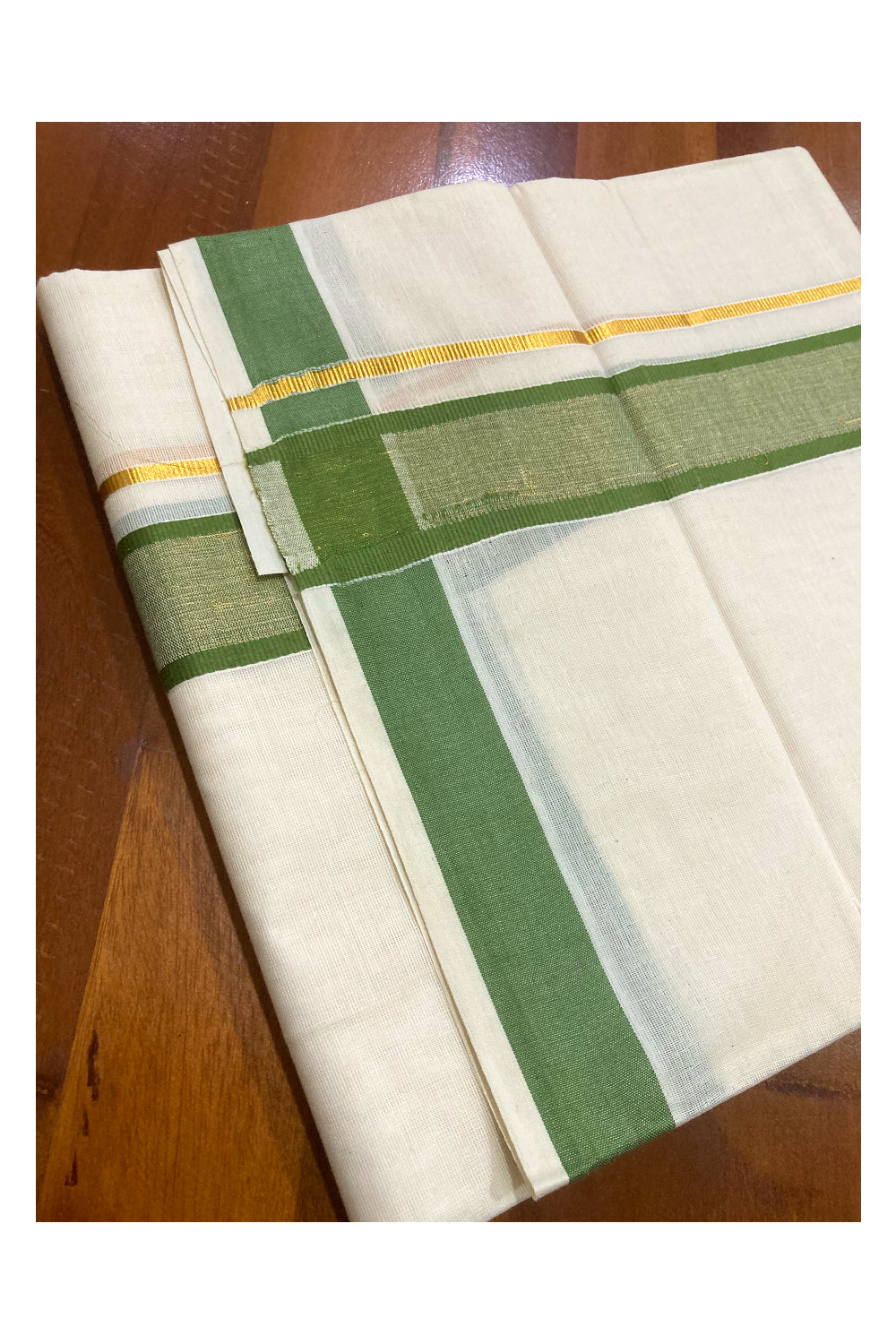 Off White Pure Cotton Double Mundu with Kasavu and Green Border (South Indian Dhoti)