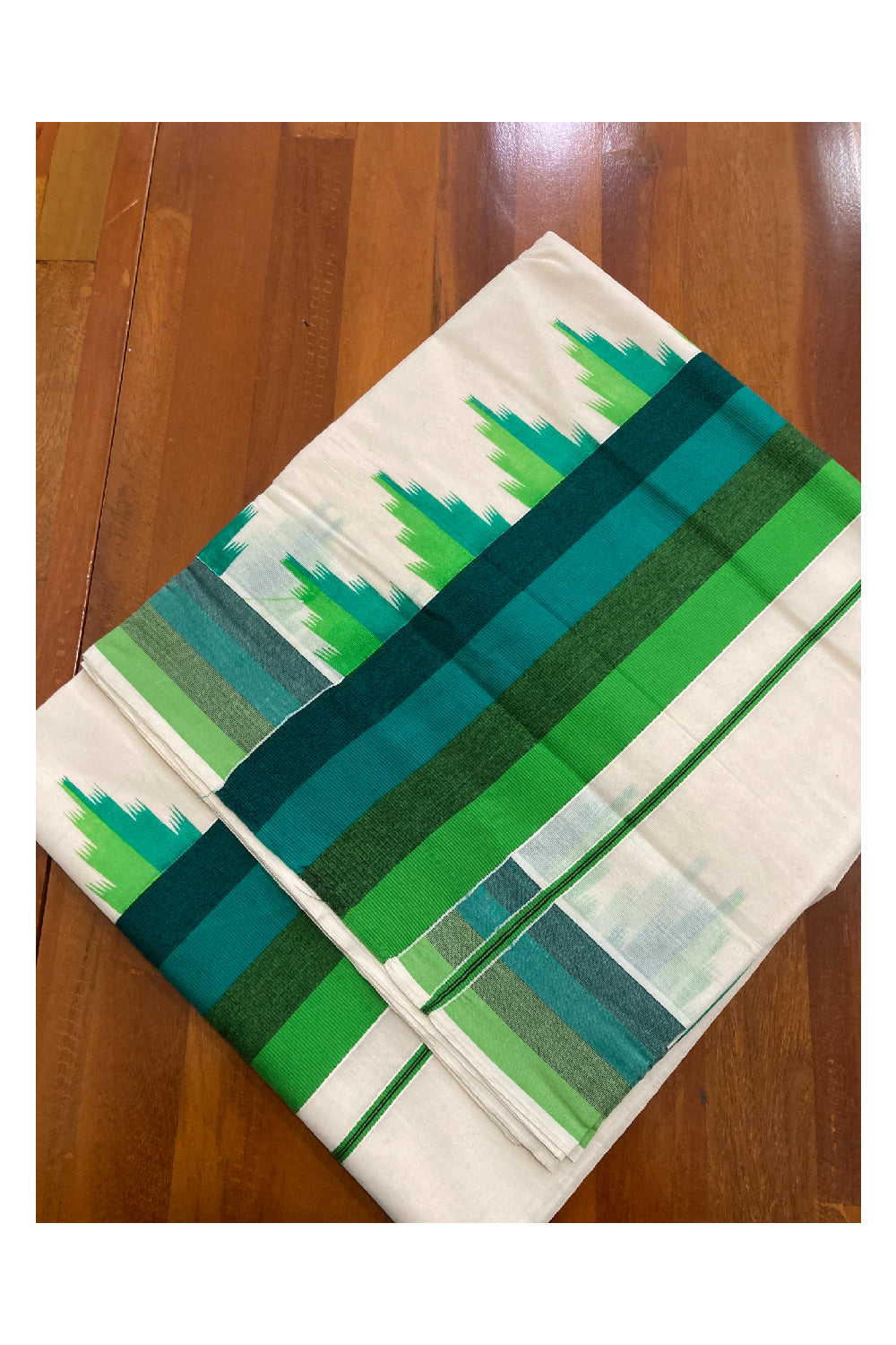 Kerala Cotton Saree with Green Lines Design Border and Block Prints