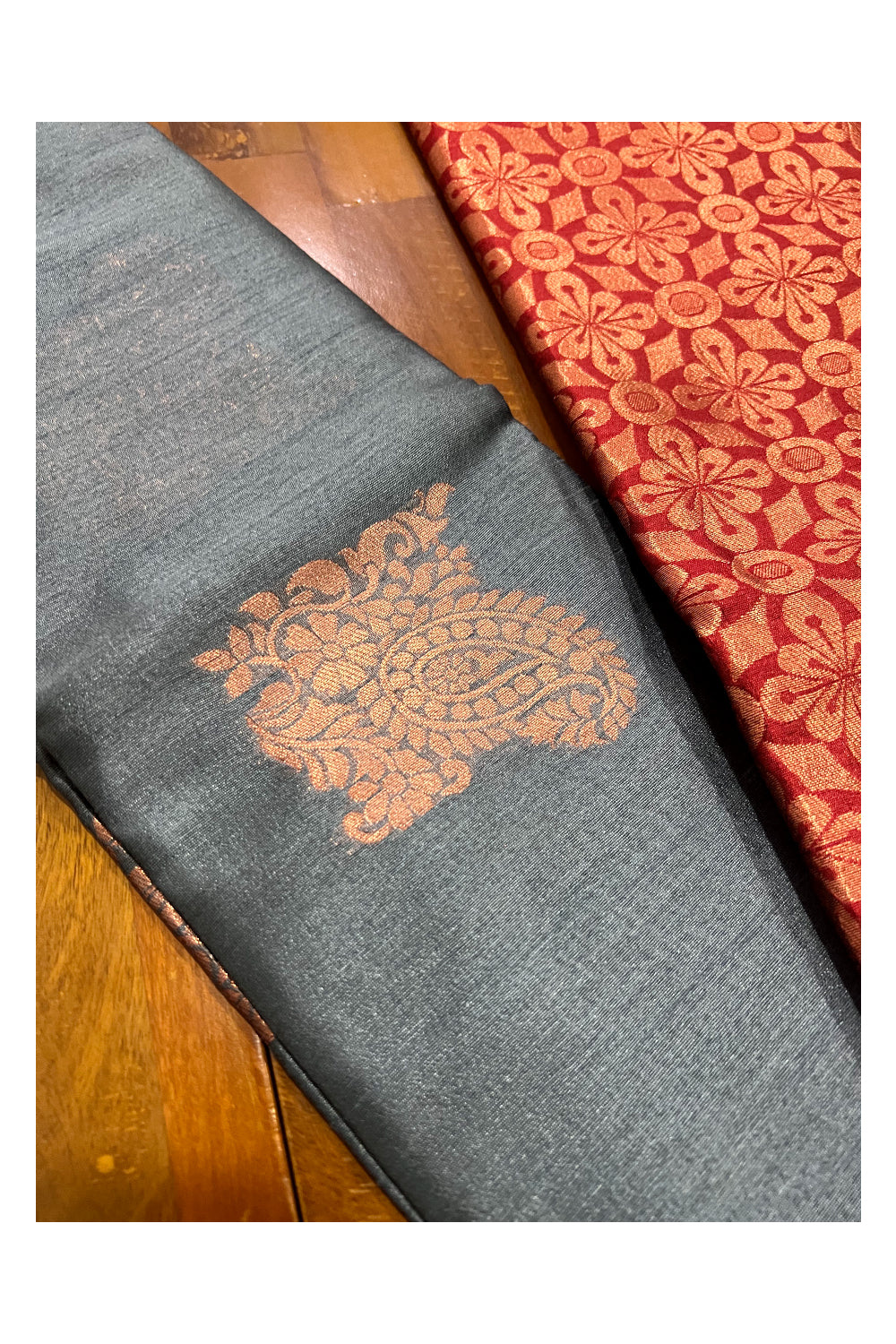 Southloom Grey Semi Silk Designer Saree with Copper Kasavu Woven Works on Body