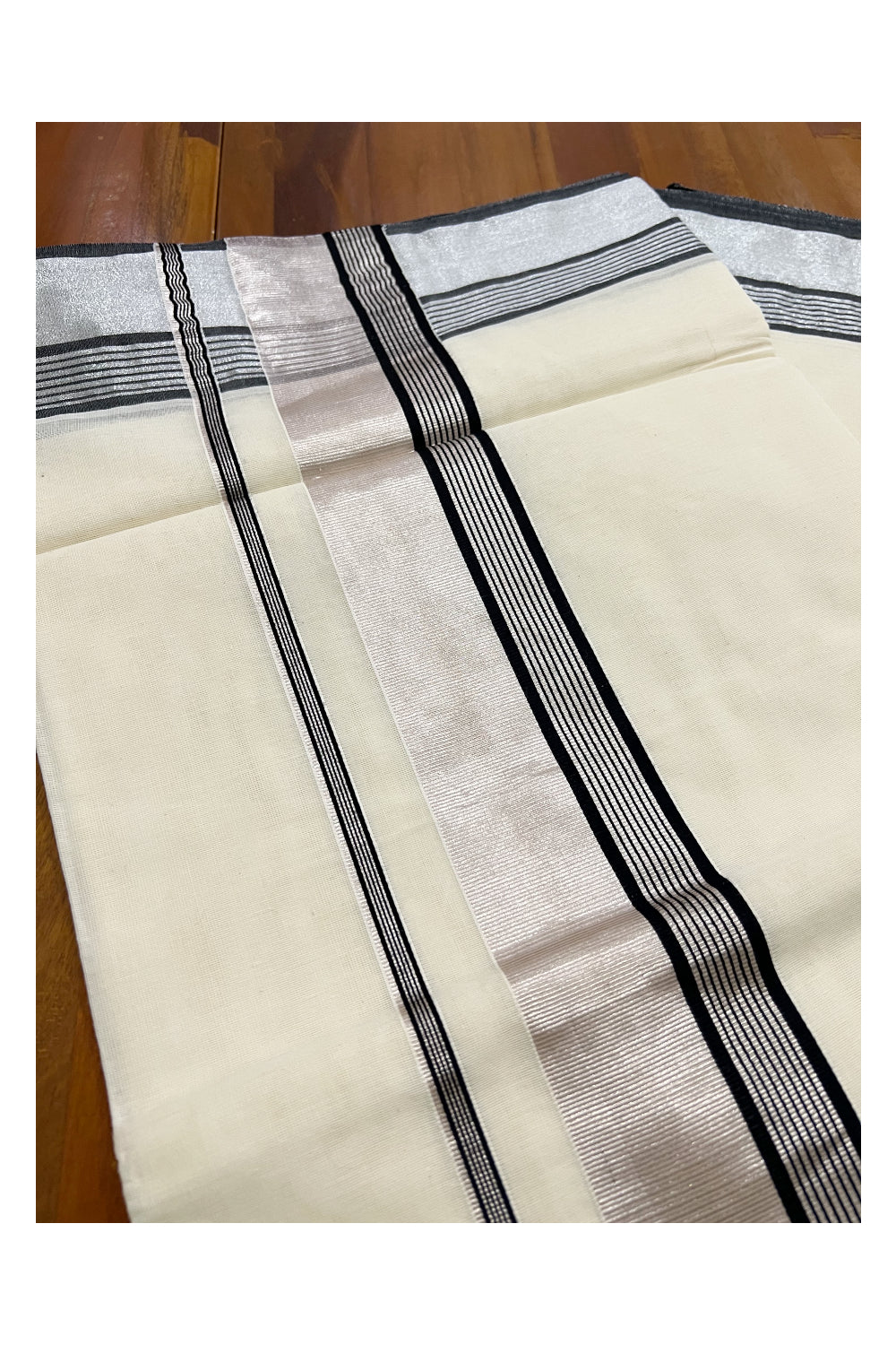 Kerala Pure Cotton Plain Saree with Silver Kasavu and Black Line Border