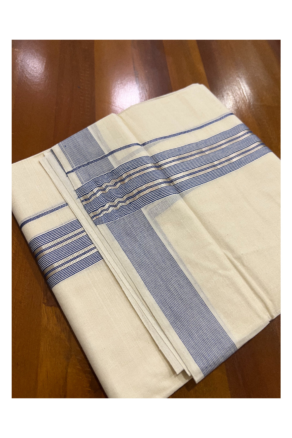 Off White Kerala Double Mundu with Silver Kasavu and Blue Line Border (South Indian Dhoti)