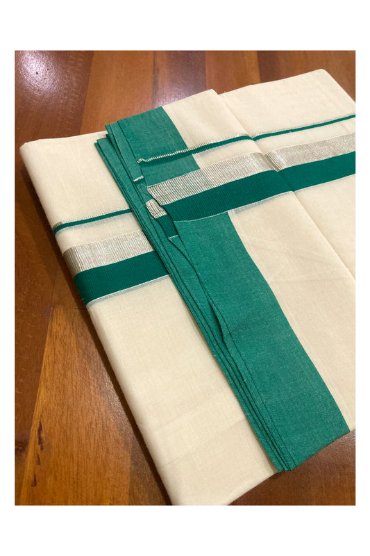 Pure Cotton Double Mundu with Green and Silver Kasavu Border (South Indian Dhoti)