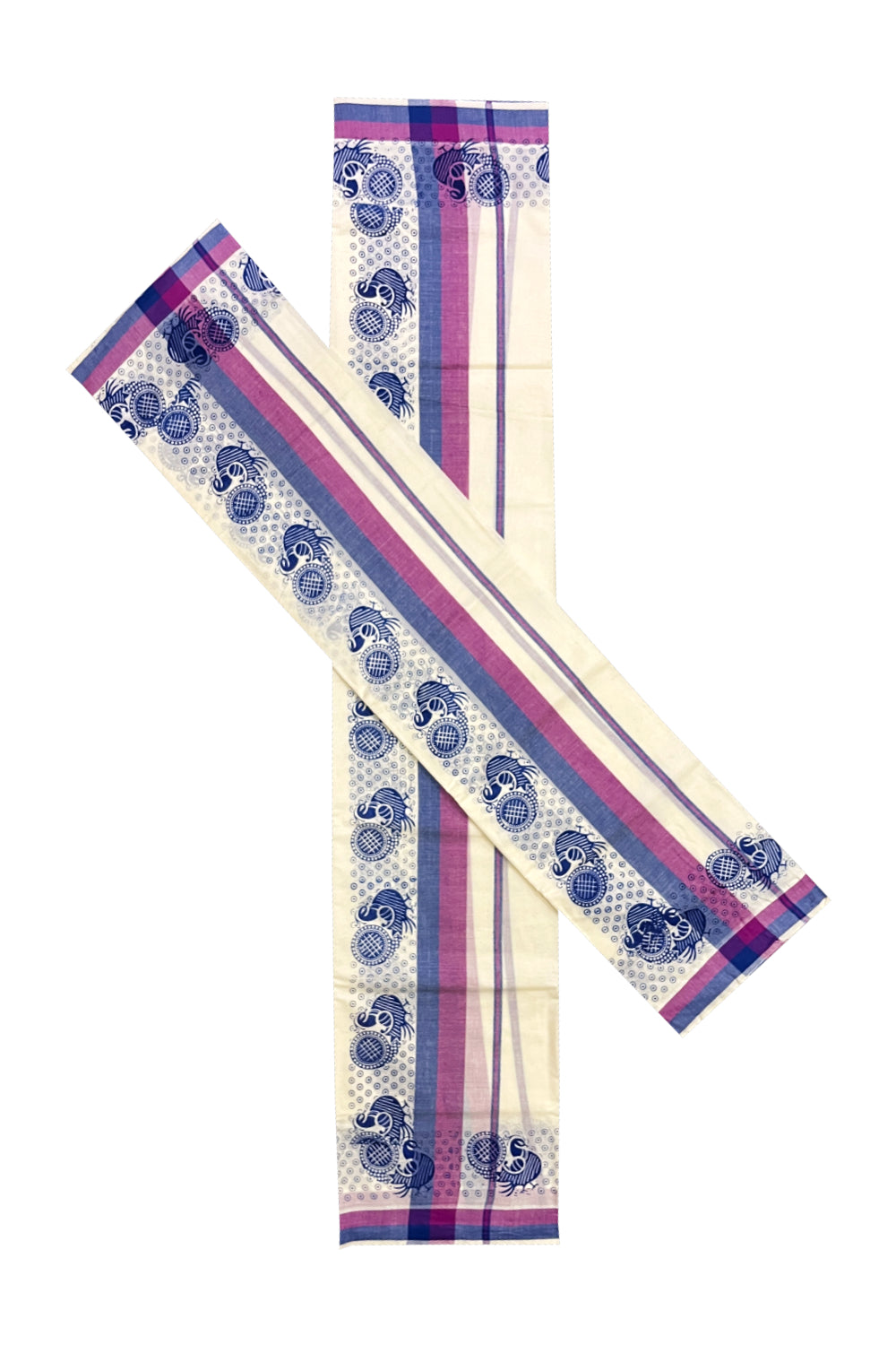 Kerala Cotton Mulloth Mundum Neriyathum Single (Set Mundu) with Blue Block Printed Border (Extra Soft Cotton)