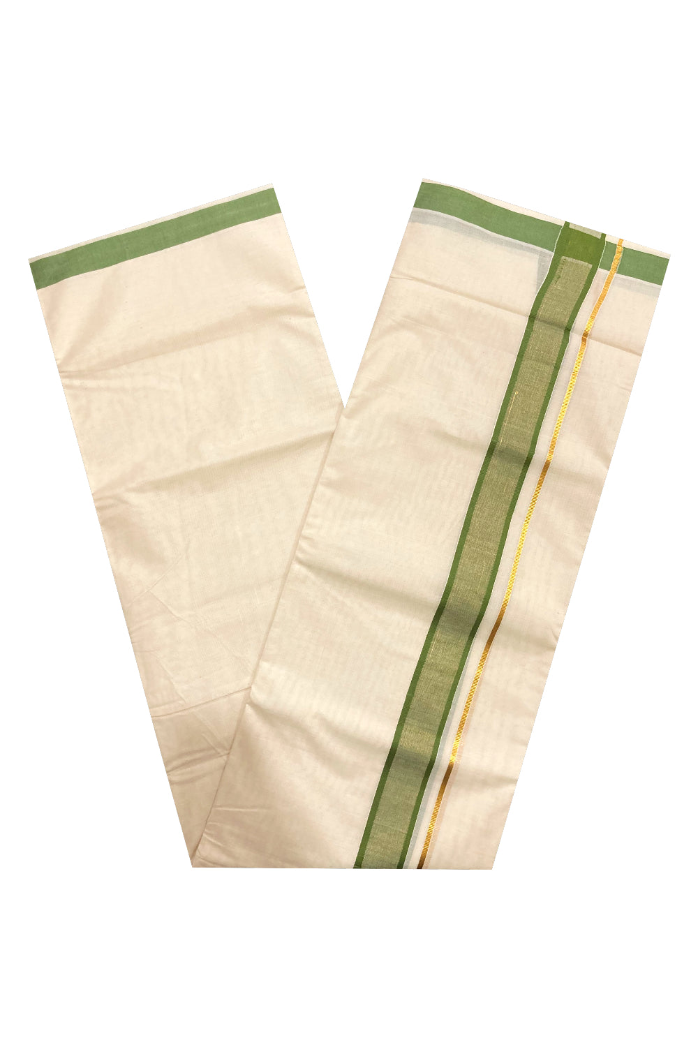 Off White Pure Cotton Double Mundu with Kasavu and Green Border (South Indian Dhoti)