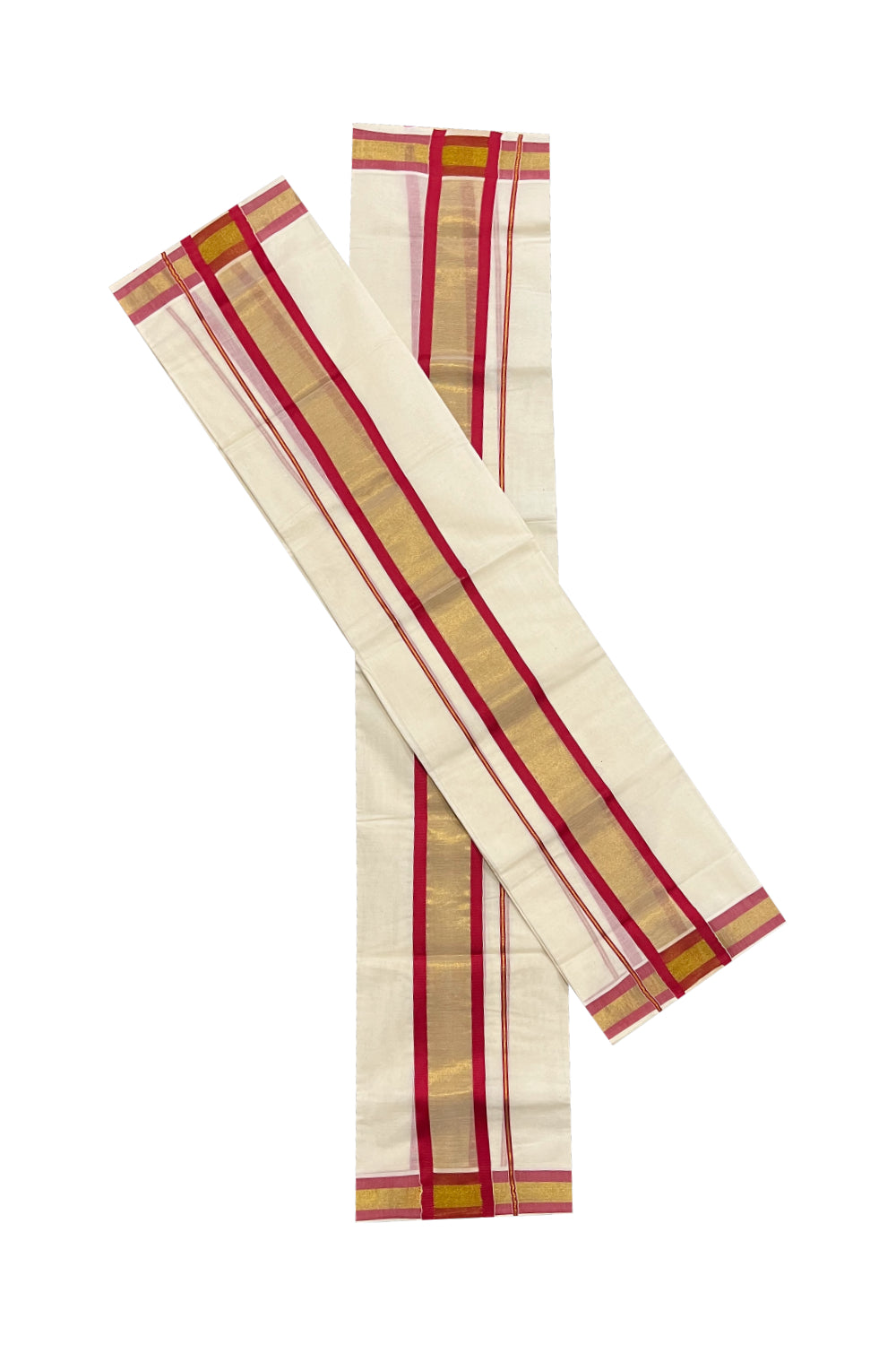 Kerala Cotton Set Mundu (Mundum Neriyathum) with Kasavu and Red Border