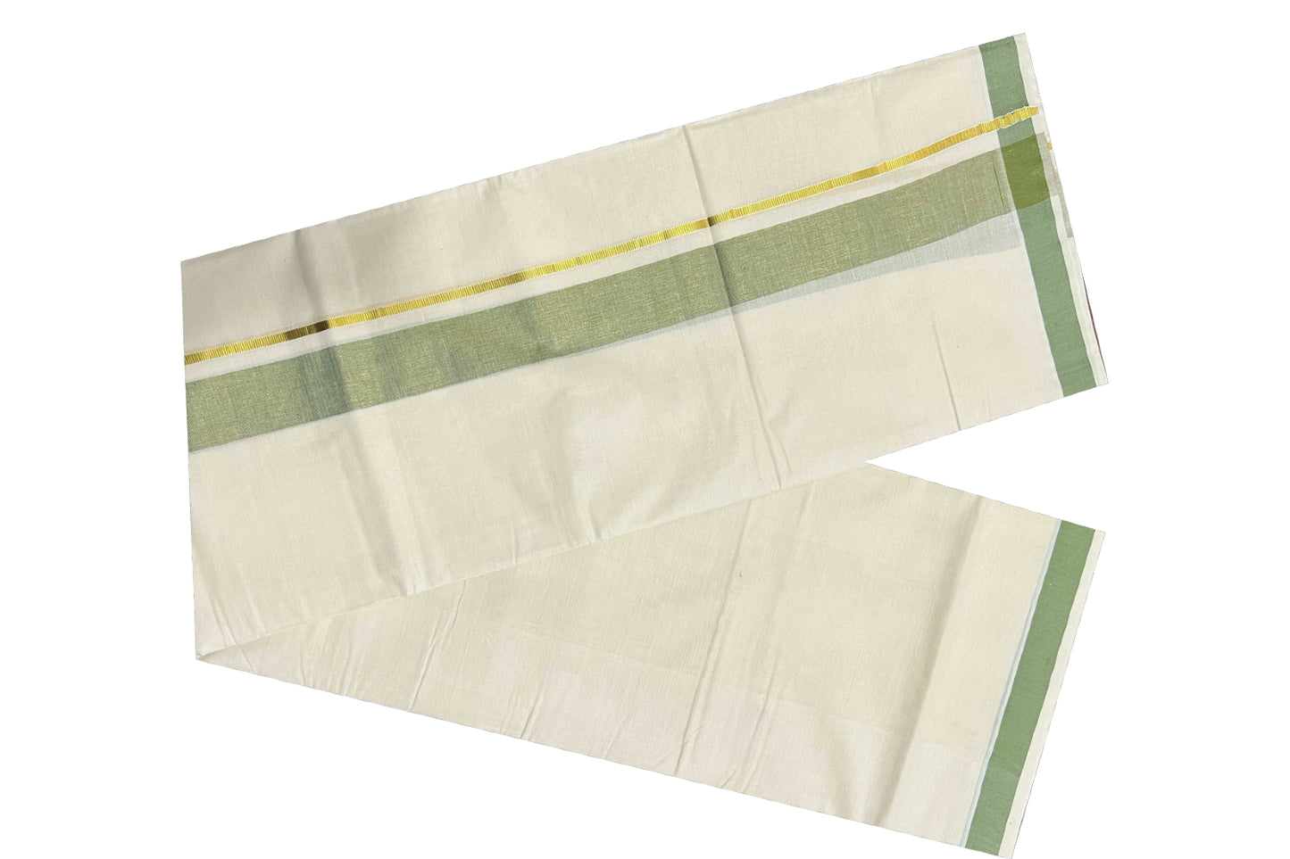 Off White Kerala Double Mundu with Green and Kasavu Line Border (South Indian Dhoti)