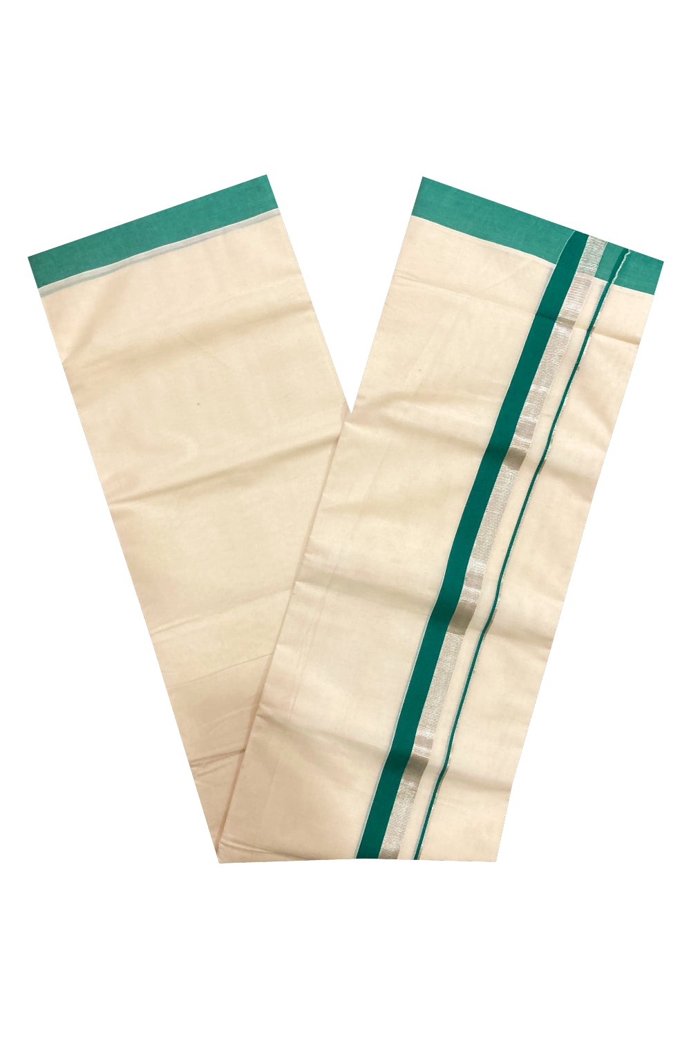 Pure Cotton Double Mundu with Green and Silver Kasavu Border (South Indian Dhoti)