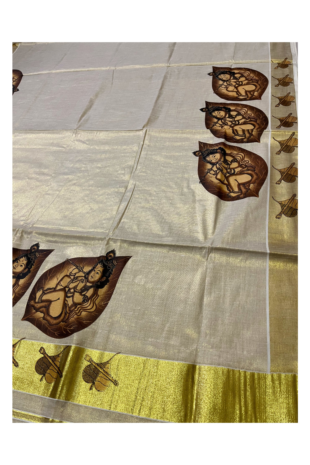 Kerala Tissue Kasavu Saree With Mural Baby Krishna Design and Printed Border