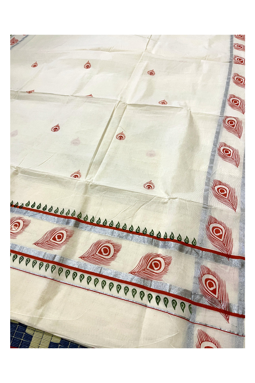 Pure Cotton Off White Kerala Saree with Orange Block Prints in Silver Border (Vishu Saree 2023)