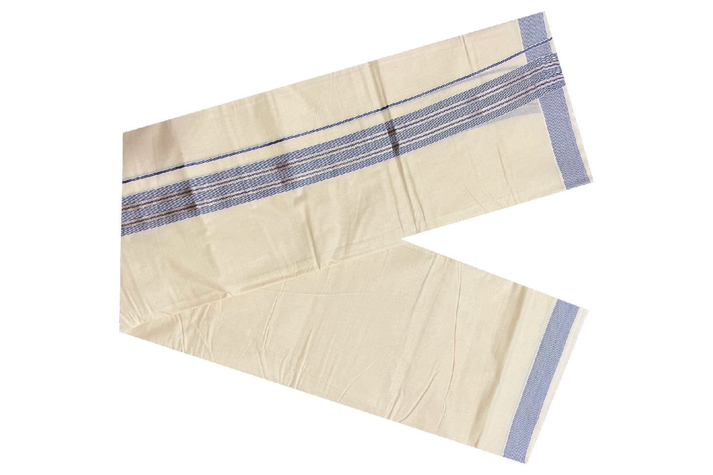 Off White Kerala Double Mundu with Silver Kasavu and Blue Line Border (South Indian Dhoti)