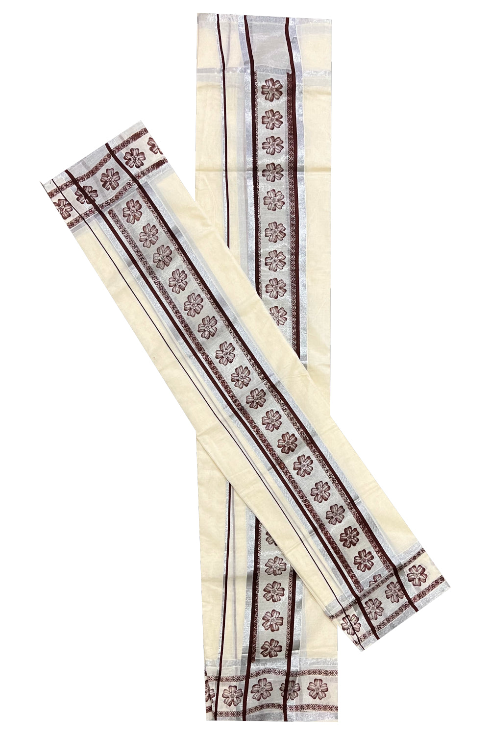 Cotton Silver Kasavu Set Mundu (Mundum Neriyathum) with Brown Floral Block Prints on Border