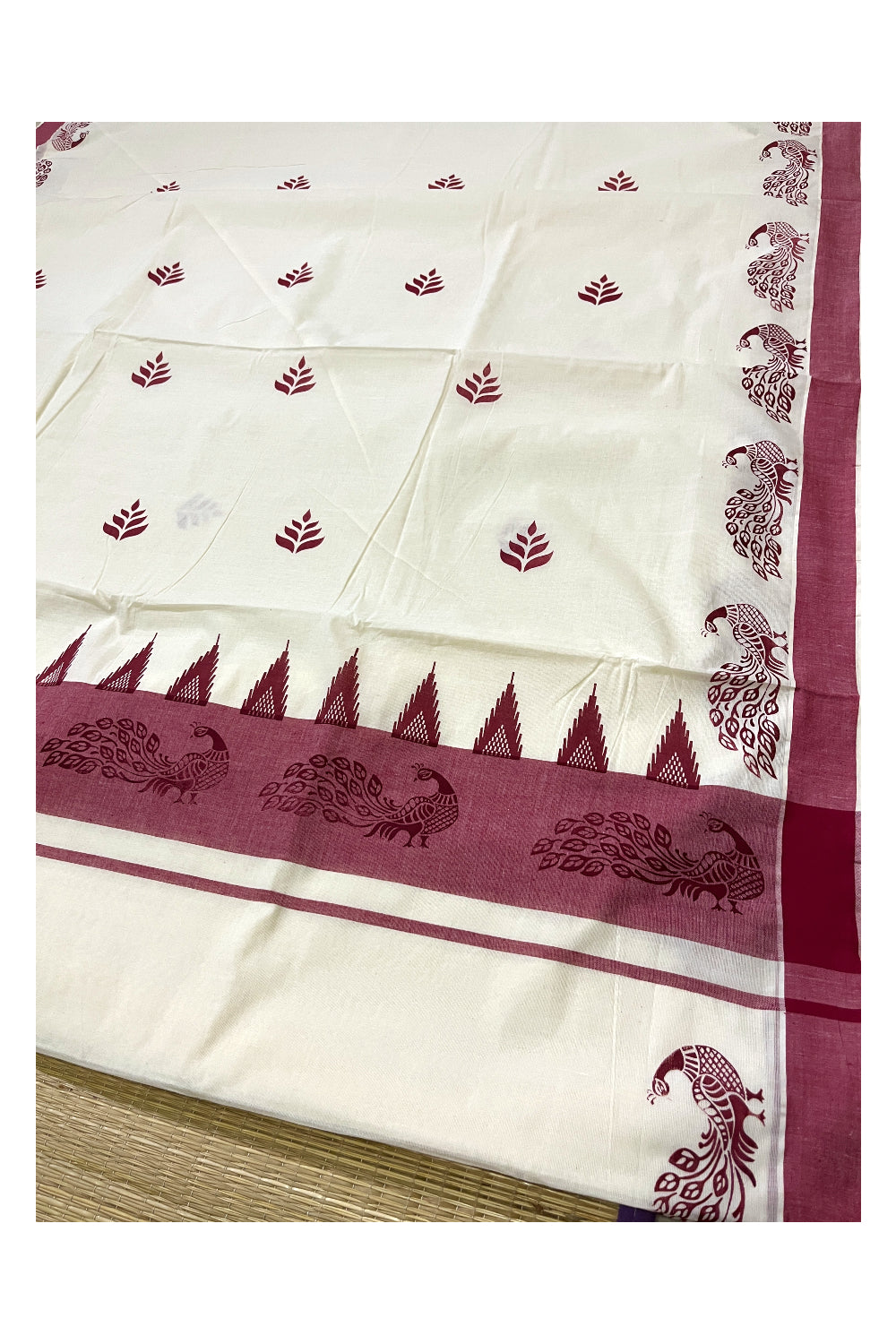 Pure Cotton Kerala Saree with Maroon Peacock Temple Block Printed Border