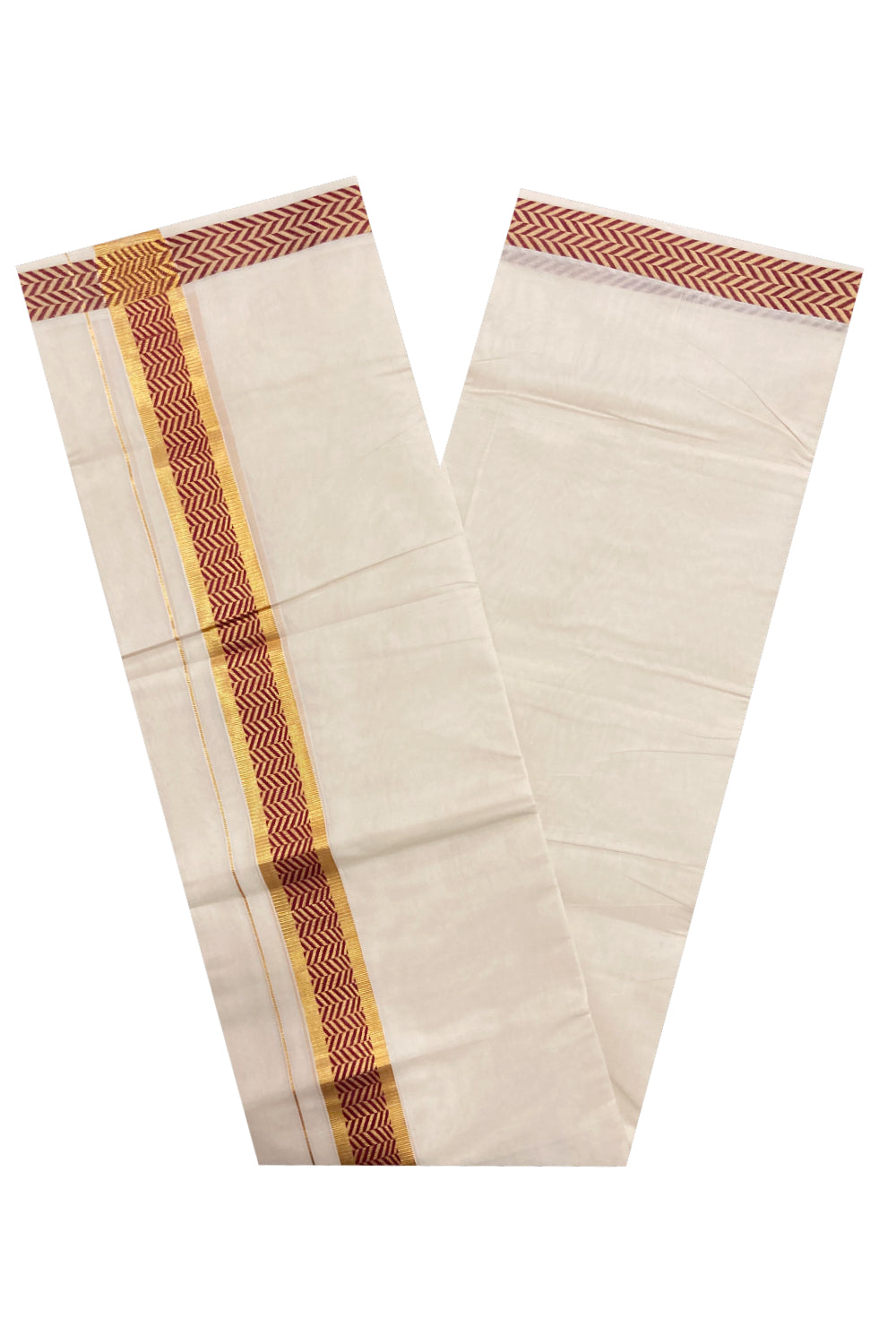 Off White Kerala Double Mundu with Kasavu and Dark Red Woven Border (South Indian Dhoti)