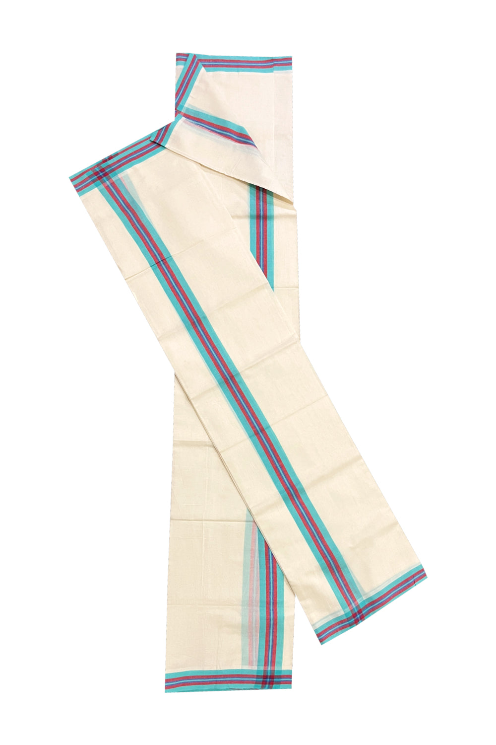 Kerala Cotton Mulloth Mundum Neriyathum Single (Set Mundu) with Turquoise and Red Border (Extra Soft Cotton)