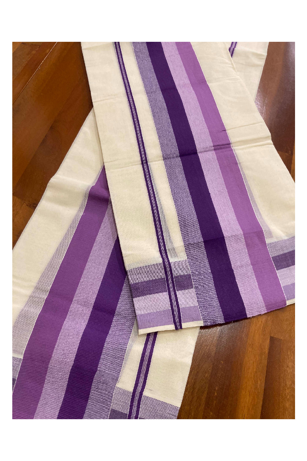 Kerala Cotton Mundum Neriyathum Single (Set Mundu) with Violet and Purple Lines Border 2.80 Mtrs