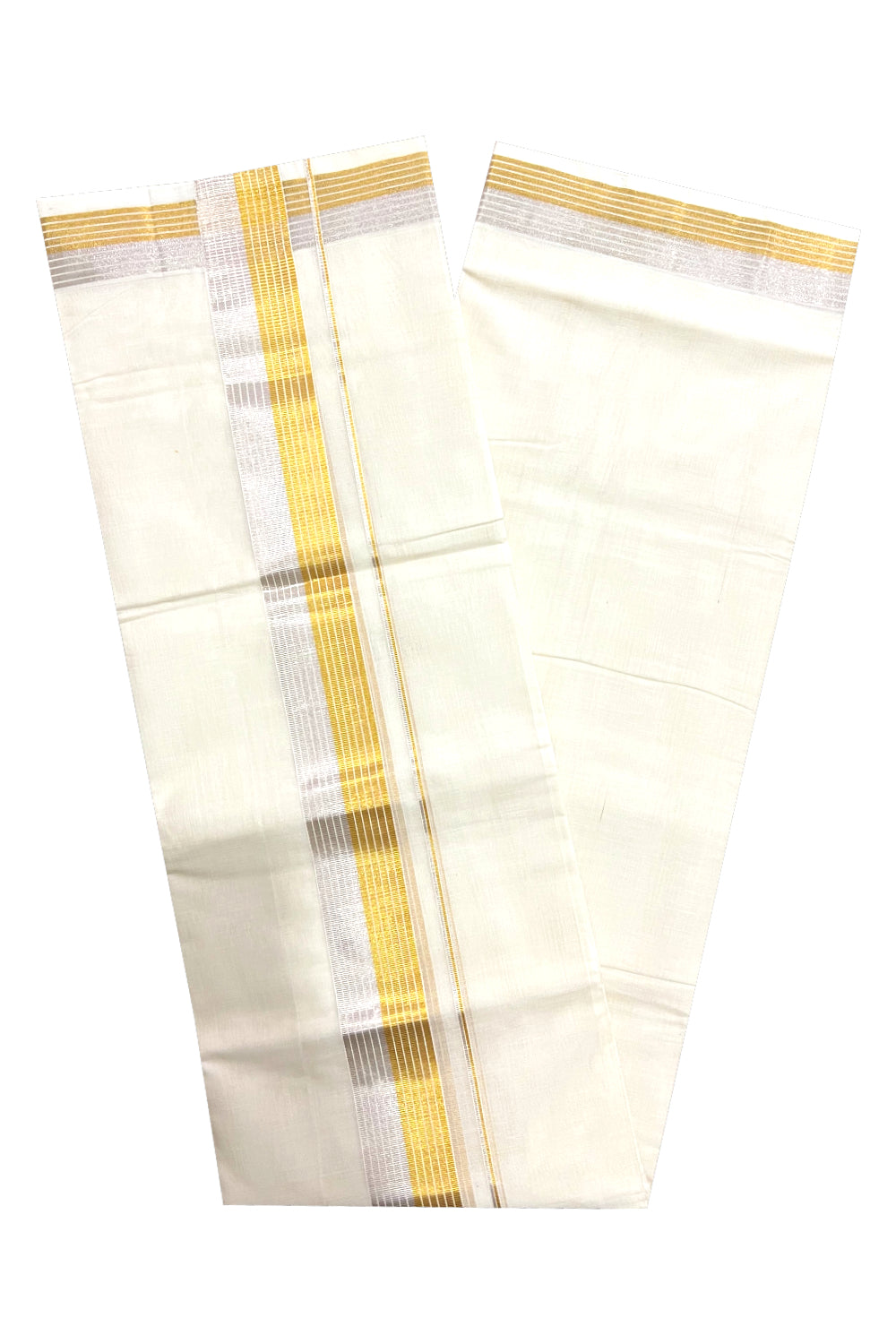 Southloom Premium Handloom Cotton Off White Mundu with Golden and Silver Kasavu Line Border (South Indian Dhoti)