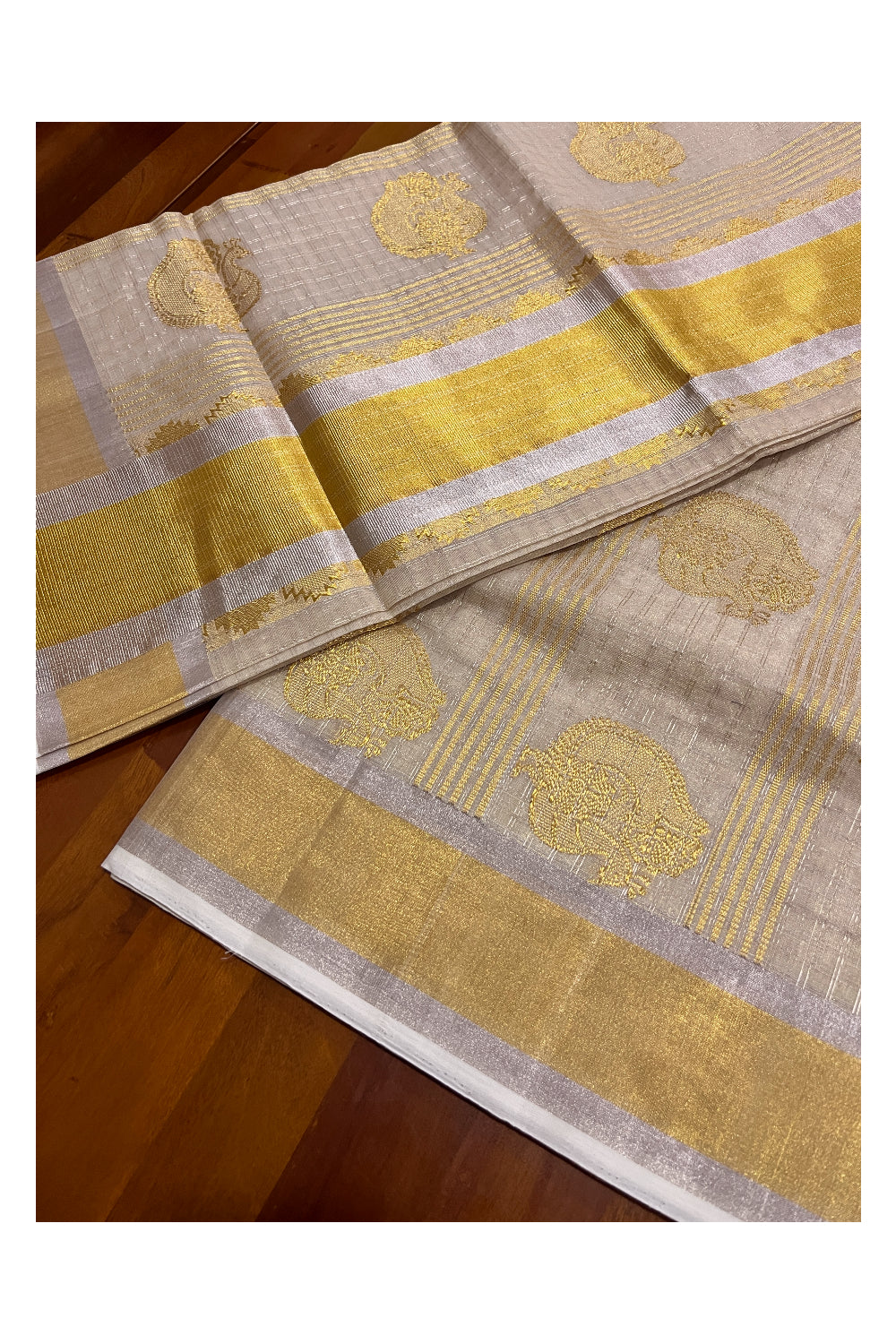 Southloom Premium Handloom Tissue Kasavu Saree with Silver Check Designs Across Body and Heavy Woven Works