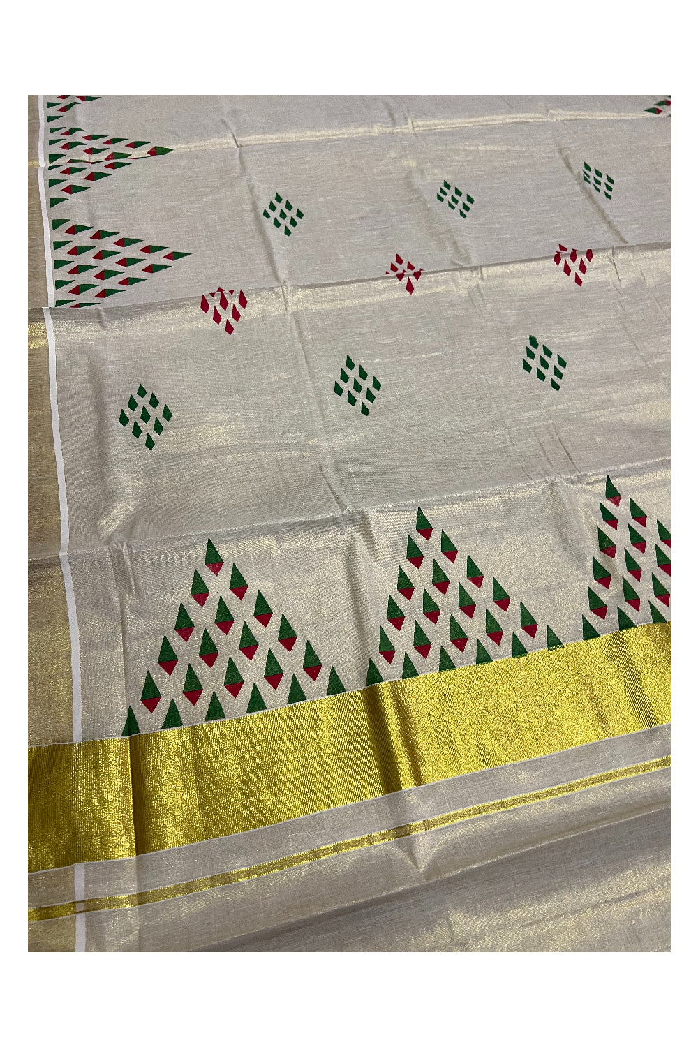 Kerala Tissue Kasavu Saree with Red and Green Block Print Design