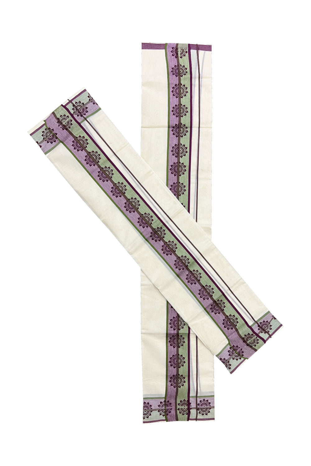 Kerala Cotton Set Mundu (Mundum Neriyathum) with Floral Block Prints on Green and Purple Border