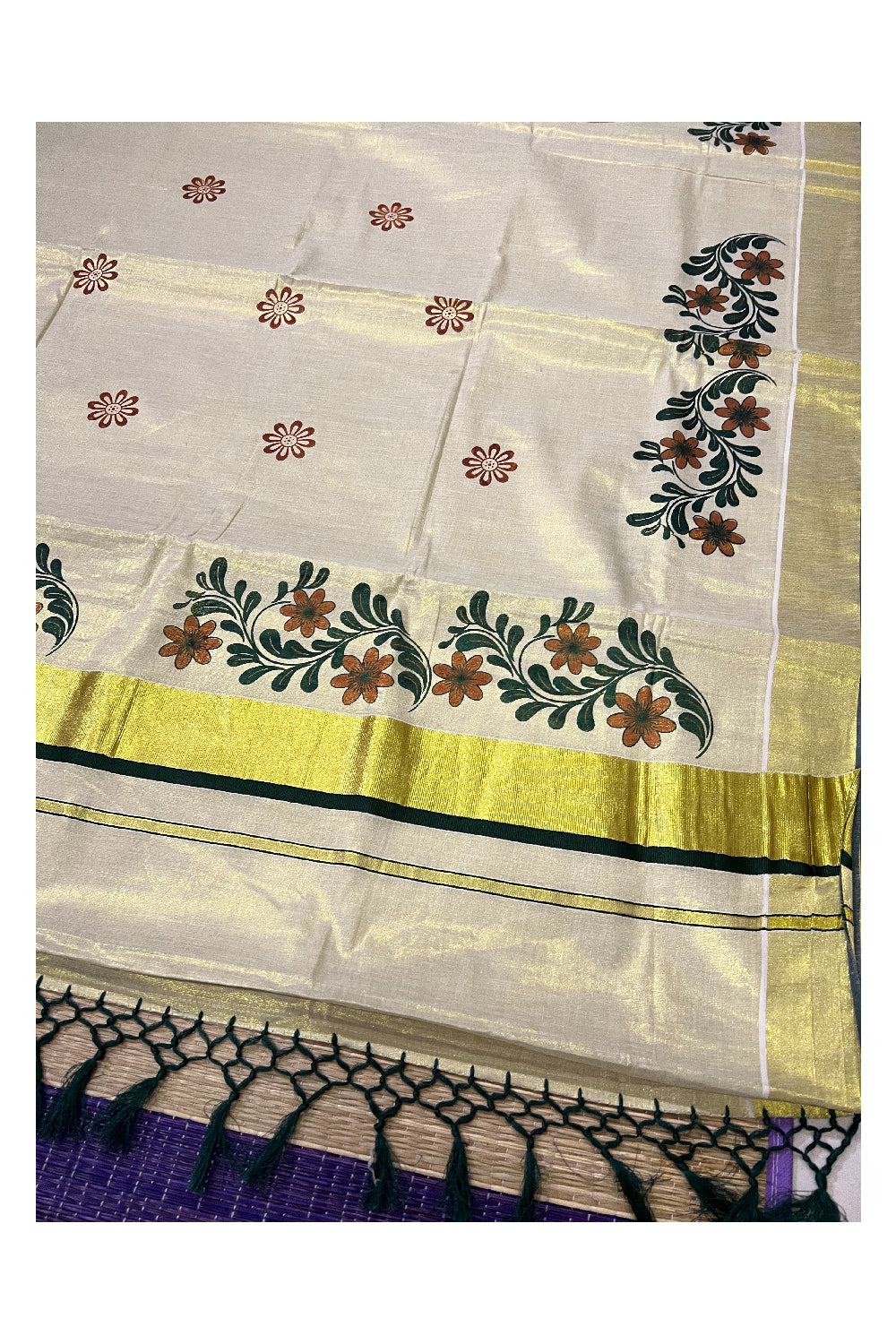 Kerala Tissue Kasavu Saree with Dark Green Dark Orange Mural Floral Design and Tassels on Pallu