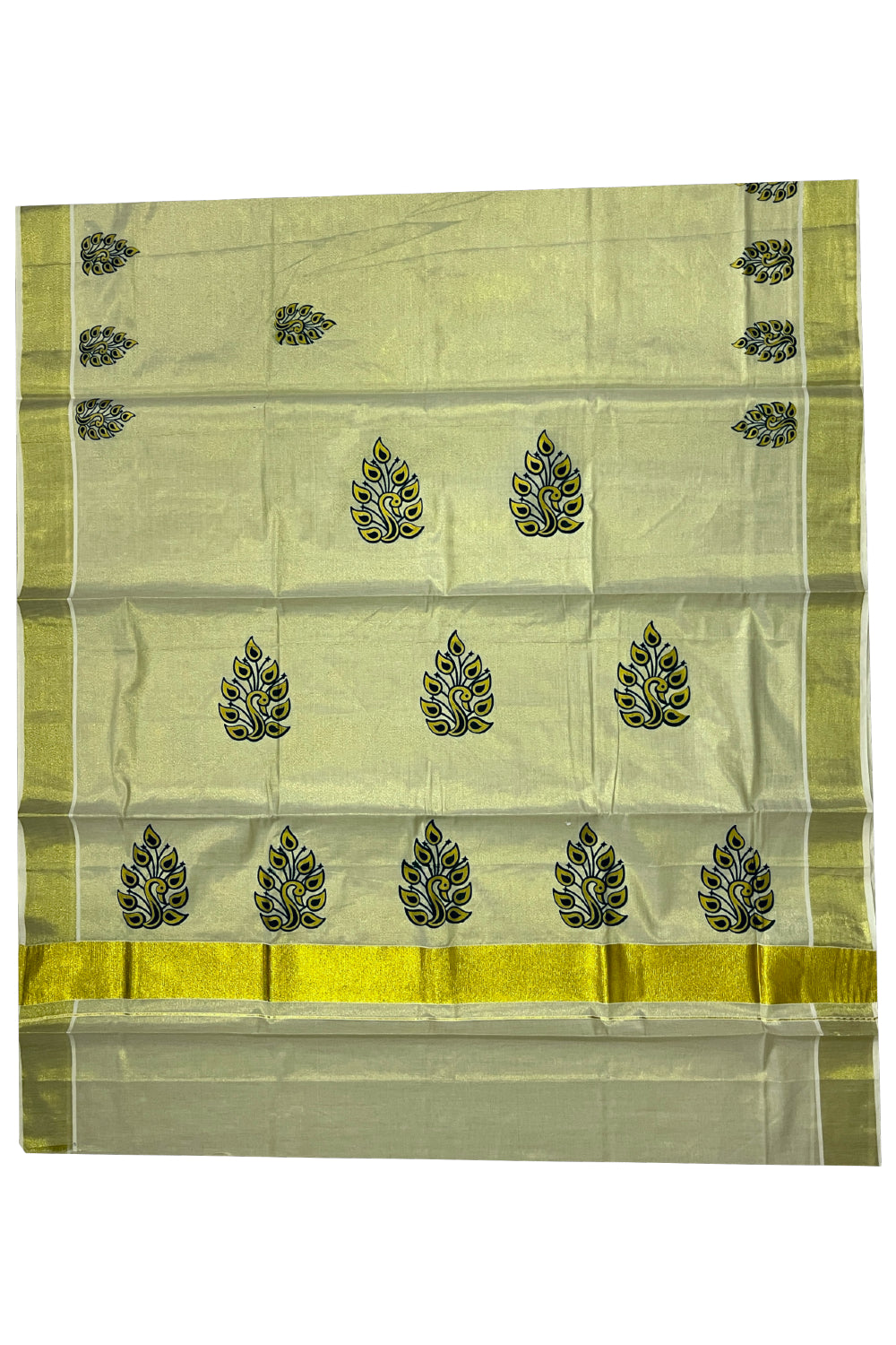 Kerala Tissue Kasavu Saree with Green and Golden Block Printed Design