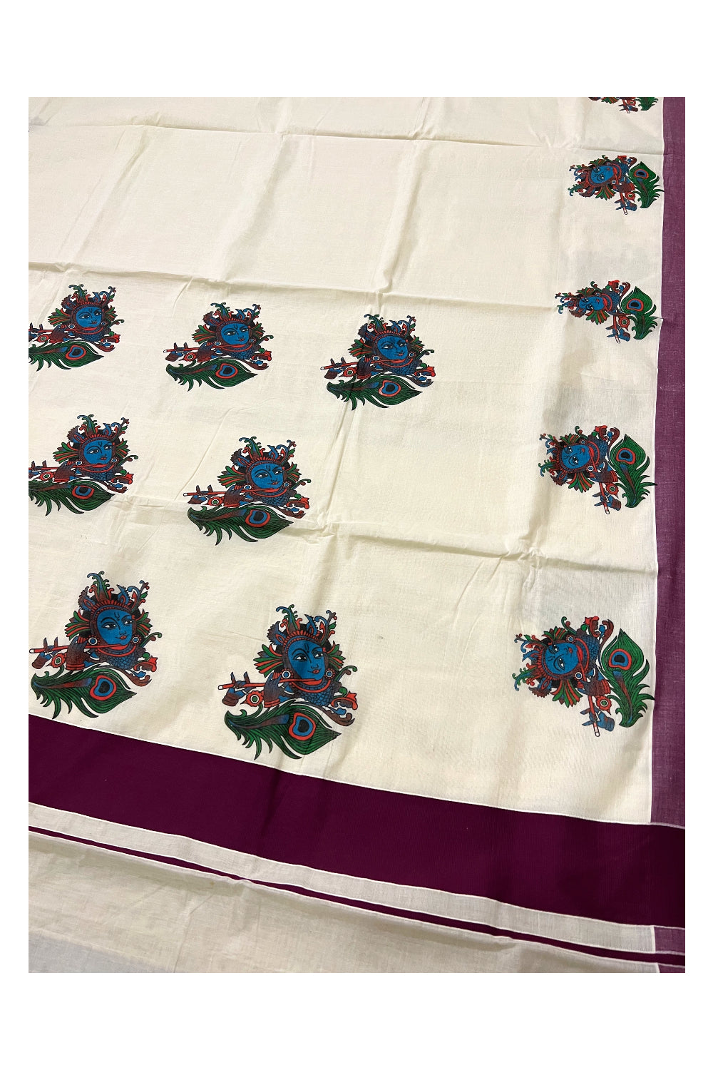 Kerala Pure Cotton Purple Border Saree with Krishna Face Mural Printed Design