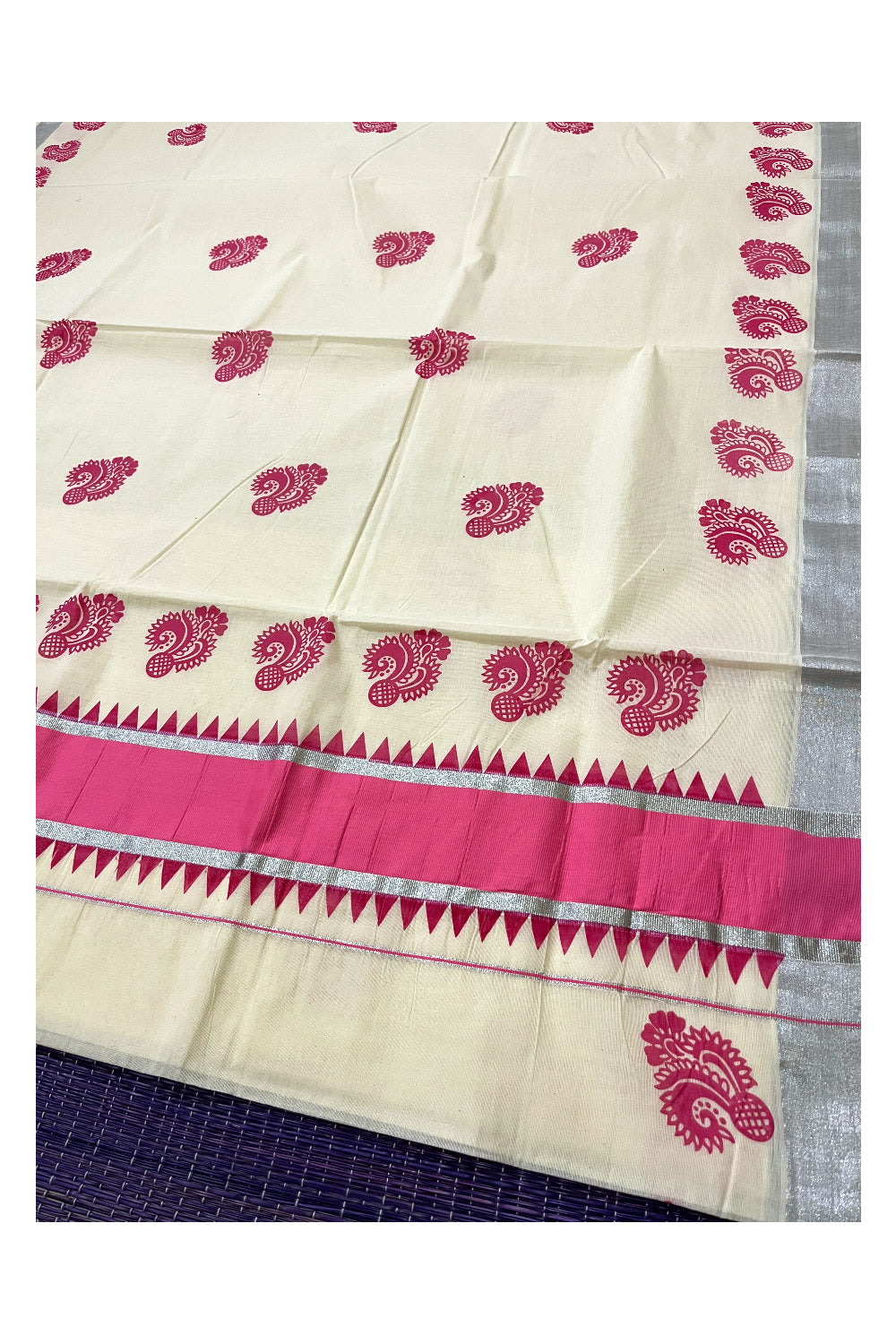 Pure Cotton Kerala Saree with Pink Floral Block Prints and Silver Kasavu Temple Border (Vishu Saree 2023)