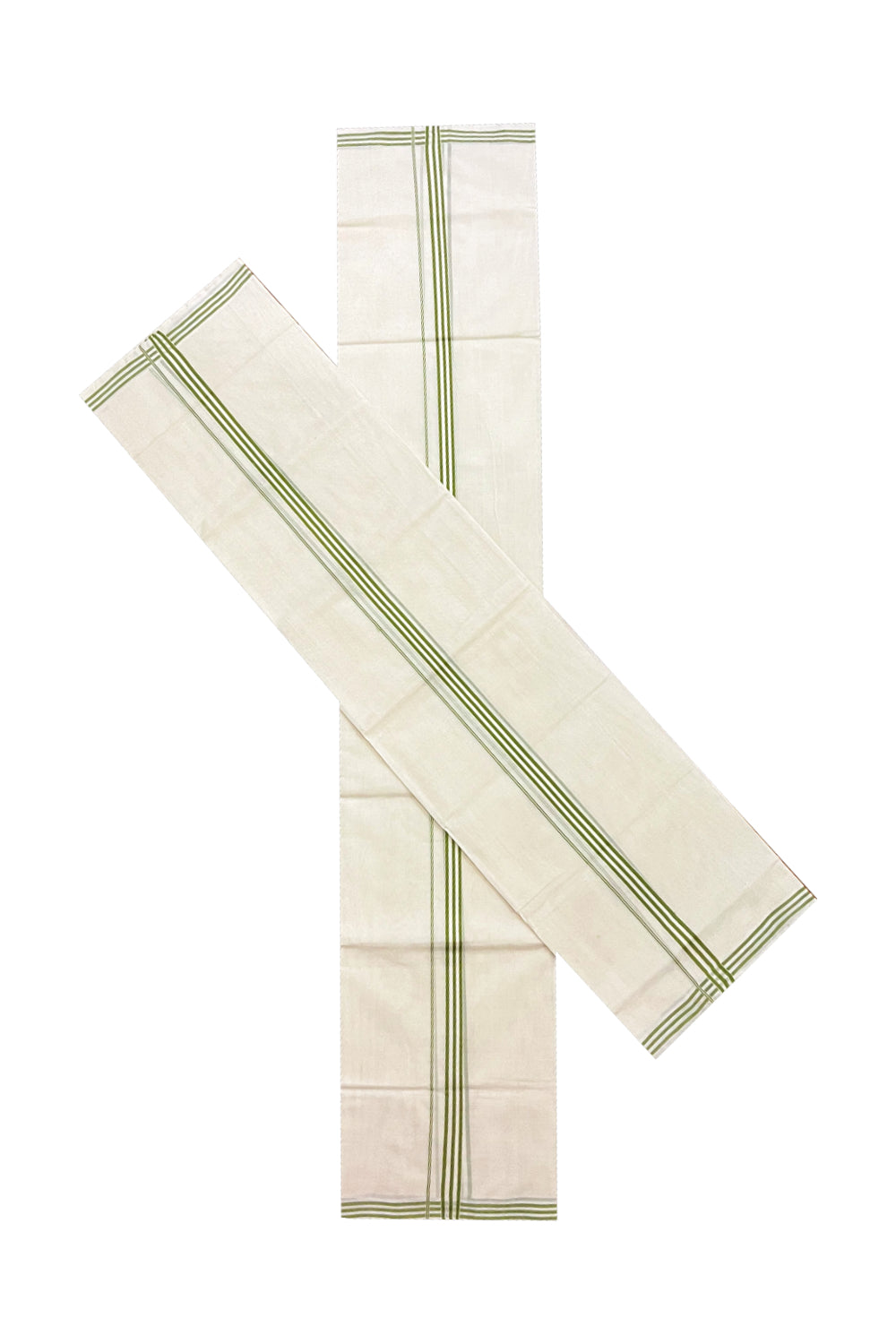 Southloom Premium Handloom Single Set Mundu (Mundum Neriyathum) with Green Lines Border