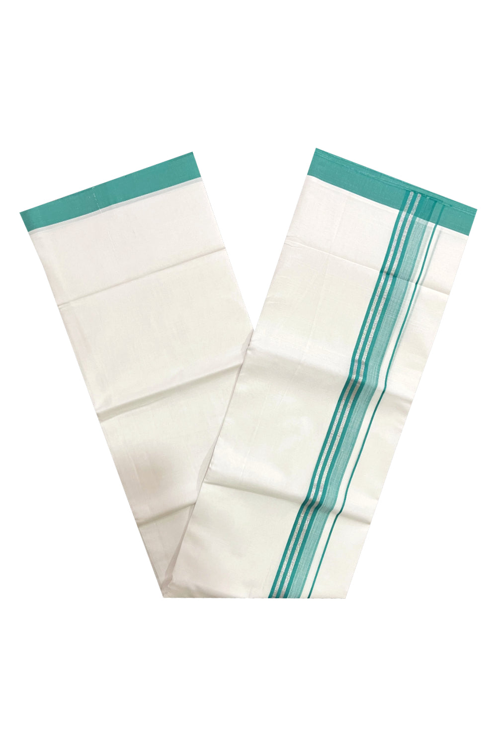 Pure White Cotton Double Mundu with Silver Kasavu and Green Border (South Indian Kerala Dhoti)