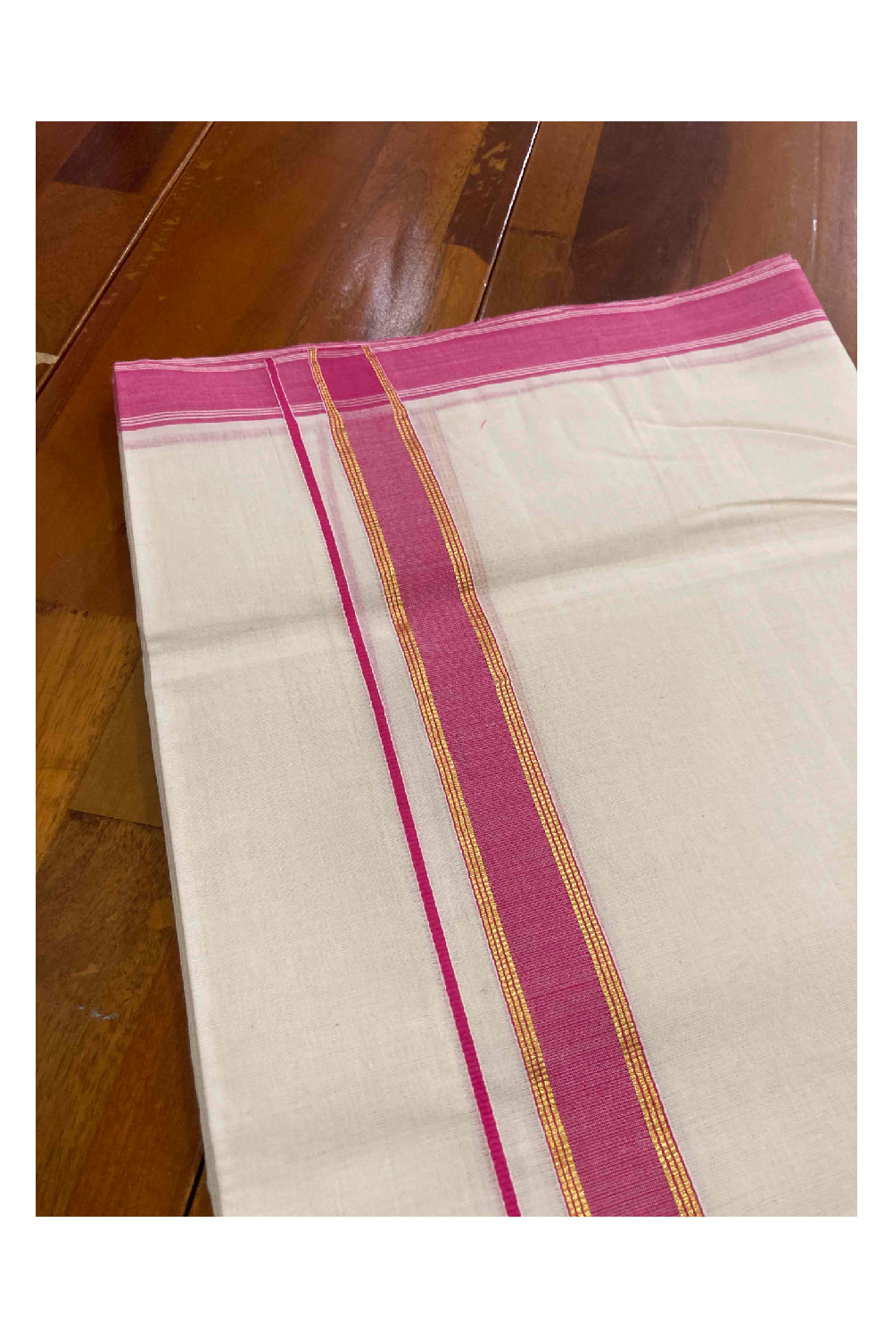 Southloom Handloom Premium Double Dhoti with Dark Pink and Kasavu Border