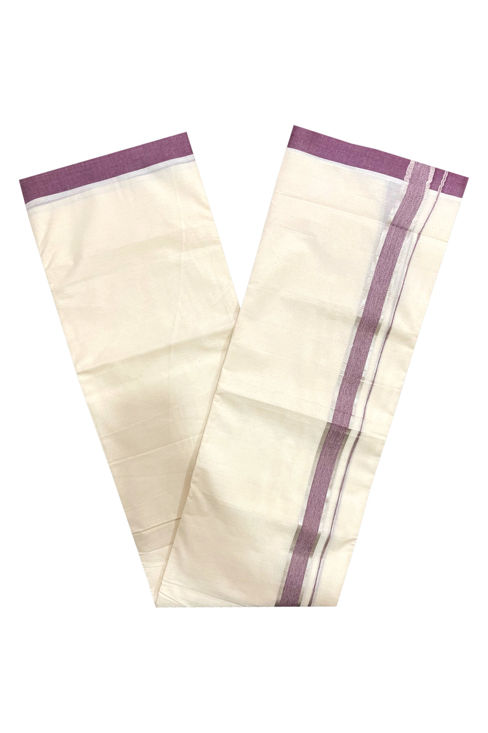 Pure Cotton Off White Double Mundu with Silver Kasavu and Purple Border (South Indian Dhoti)