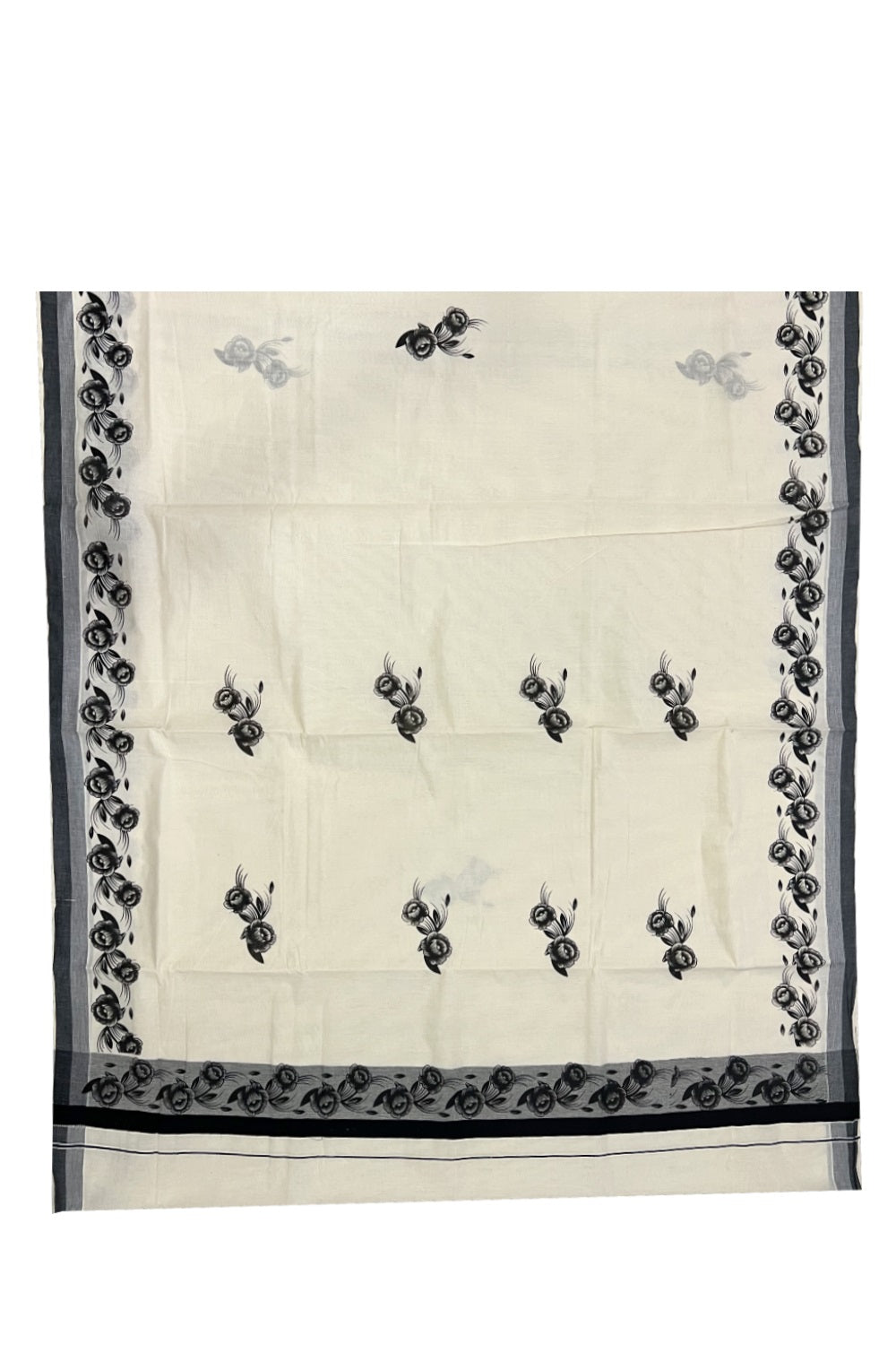 Pure Cotton Kerala Saree with Black Floral Block Printed Design