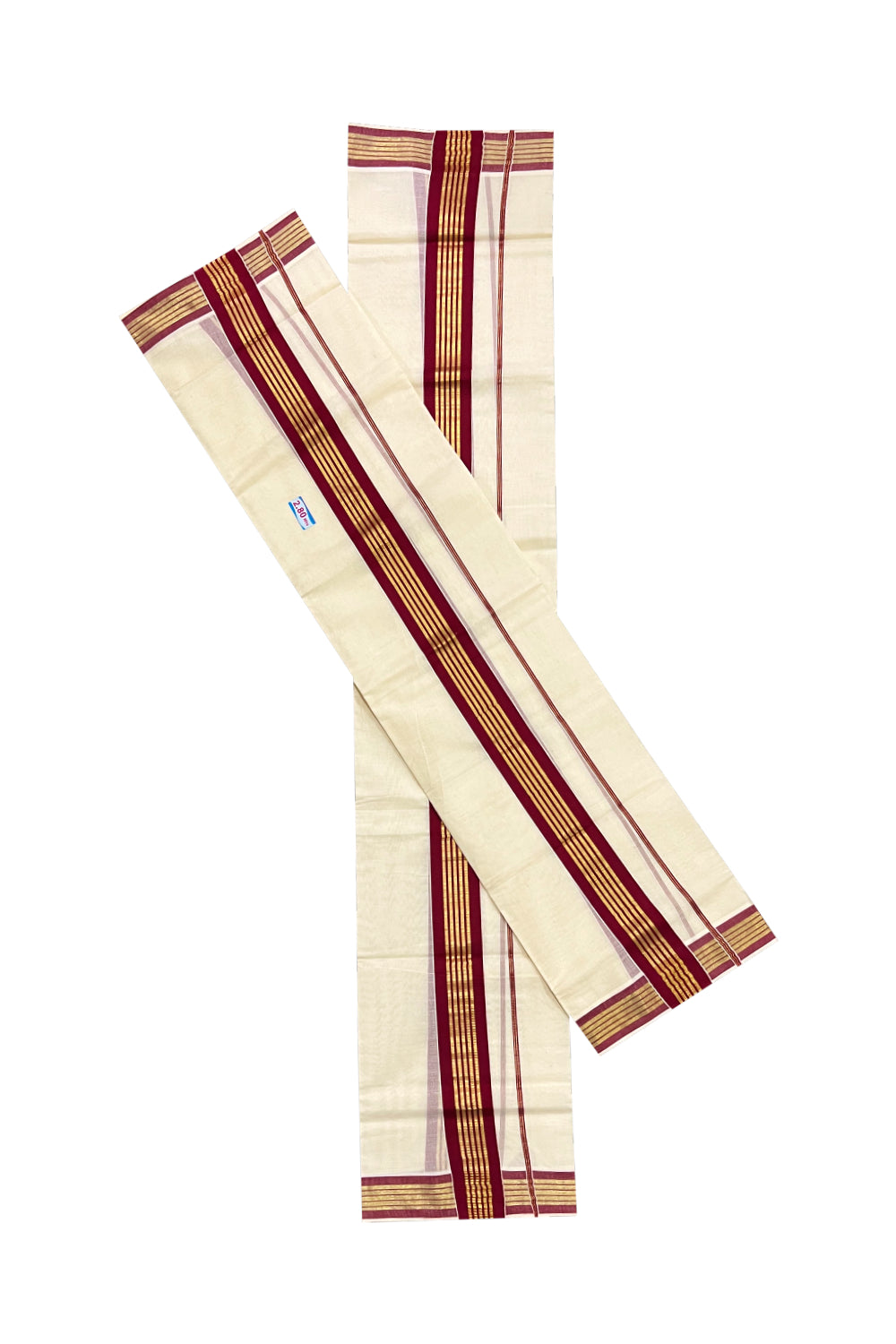 Pure Cotton Kerala Single Set Mundu (Mundum Neriyathum) with Maroon and Kasavu Border 2.80 Mtrs