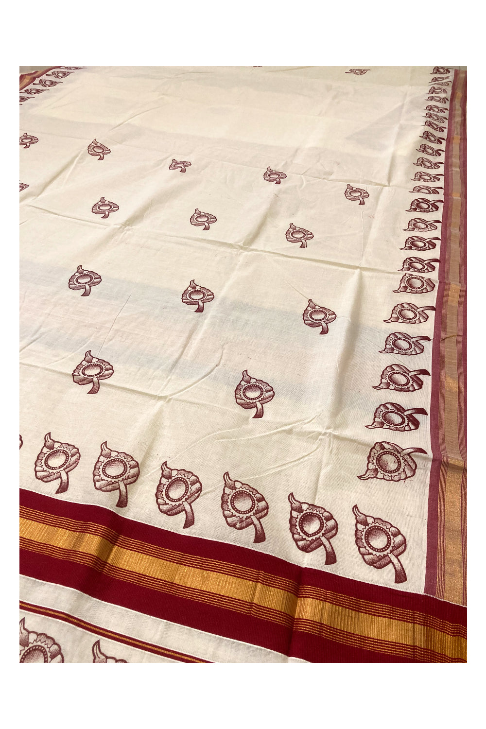 Pure Cotton Kerala Saree with Maroon Leaf Block Printed Design and Kasavu Border