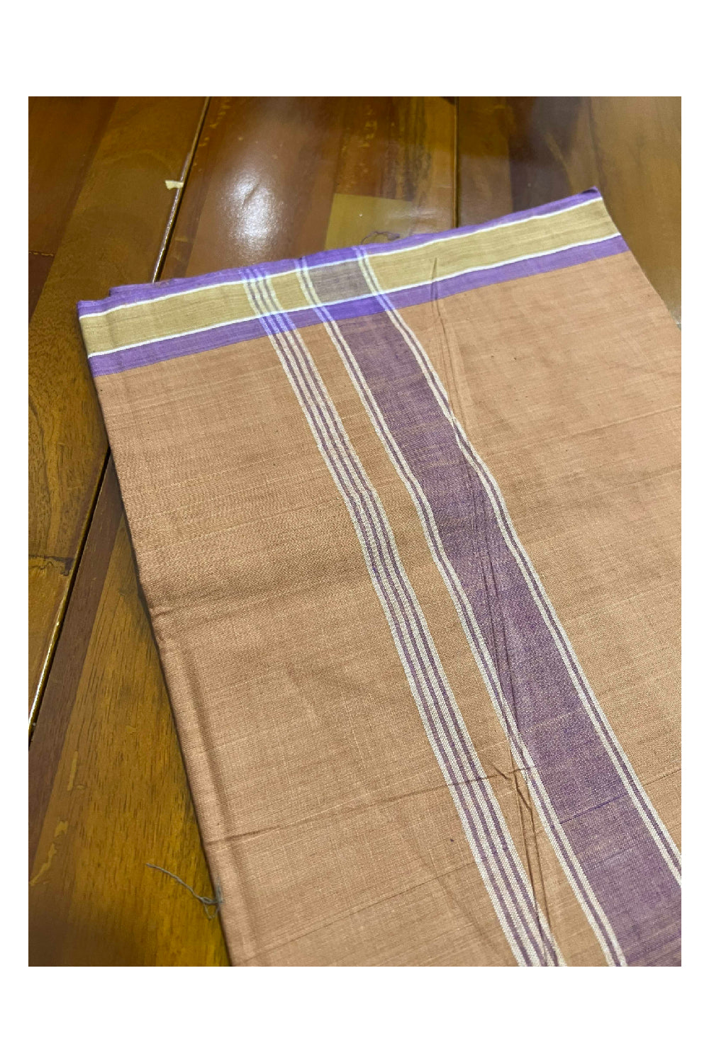 Southloom Premium Handloom Dark Saffron (Kaavi) Single Mundu with Violet Border (Lungi)
