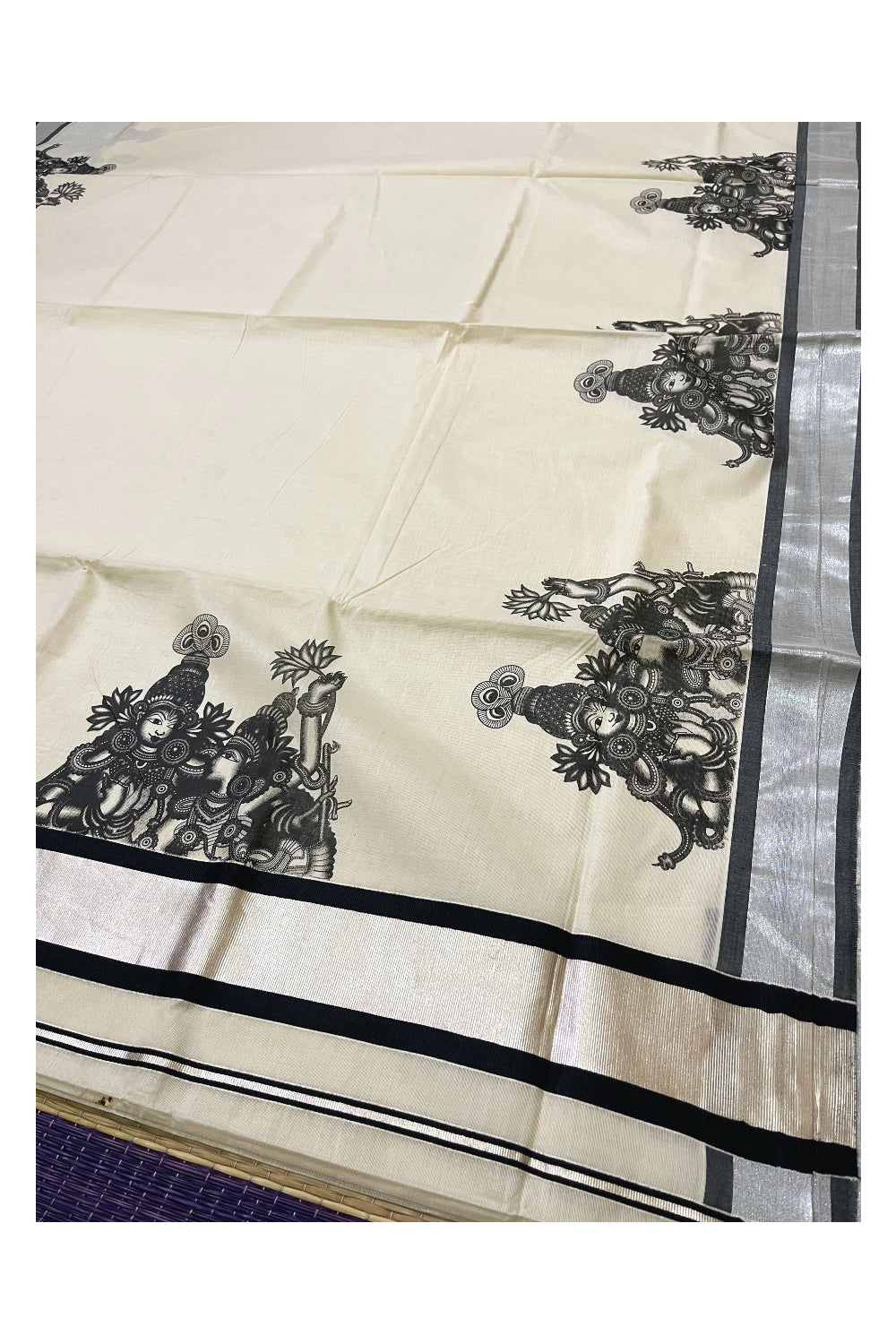 Kerala Pure Cotton Saree with Black Krishna Radha Mural Prints and Silver Black Border