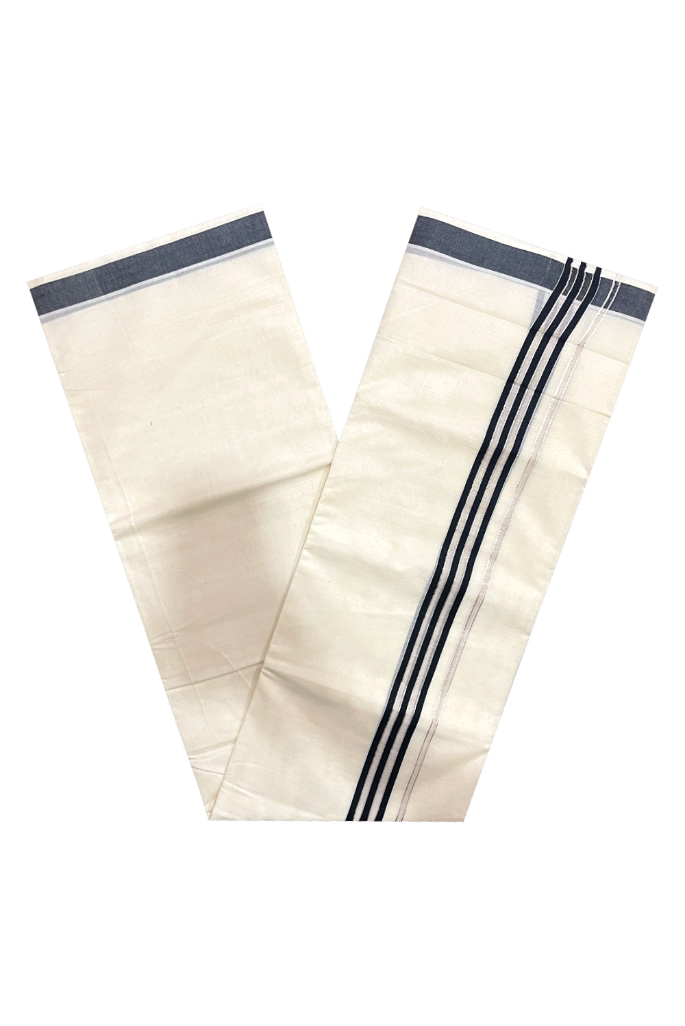 Pure Cotton Off White Double Mundu with Black and Silver Kasavu Kara (South Indian Dhoti)