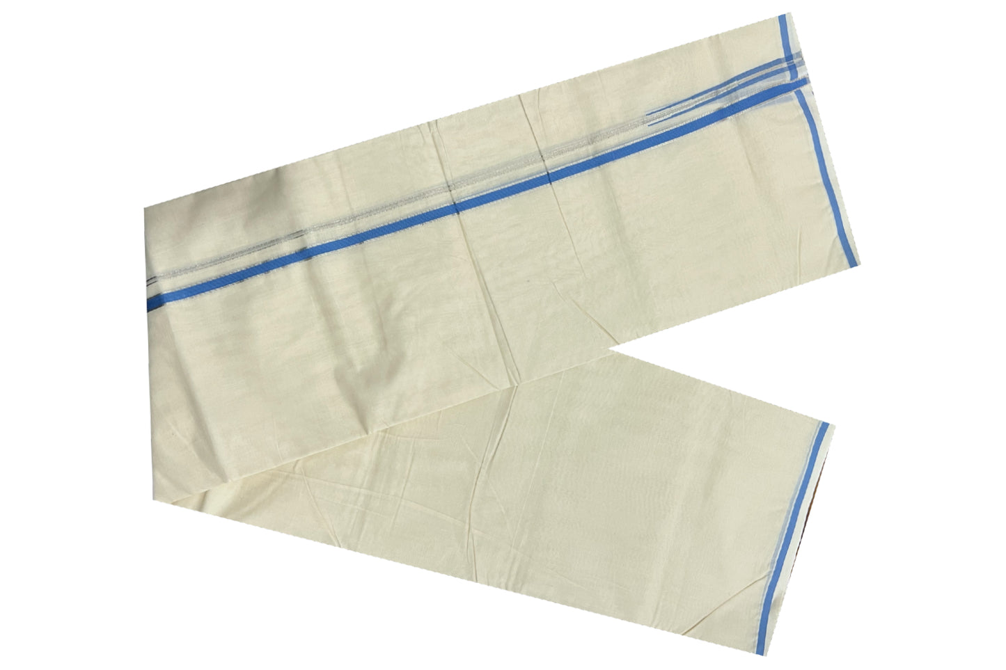 Off White Cotton Mundu with Light Blue and Silver Kasavu Puliyilakkara Border (South Indian Dhoti)