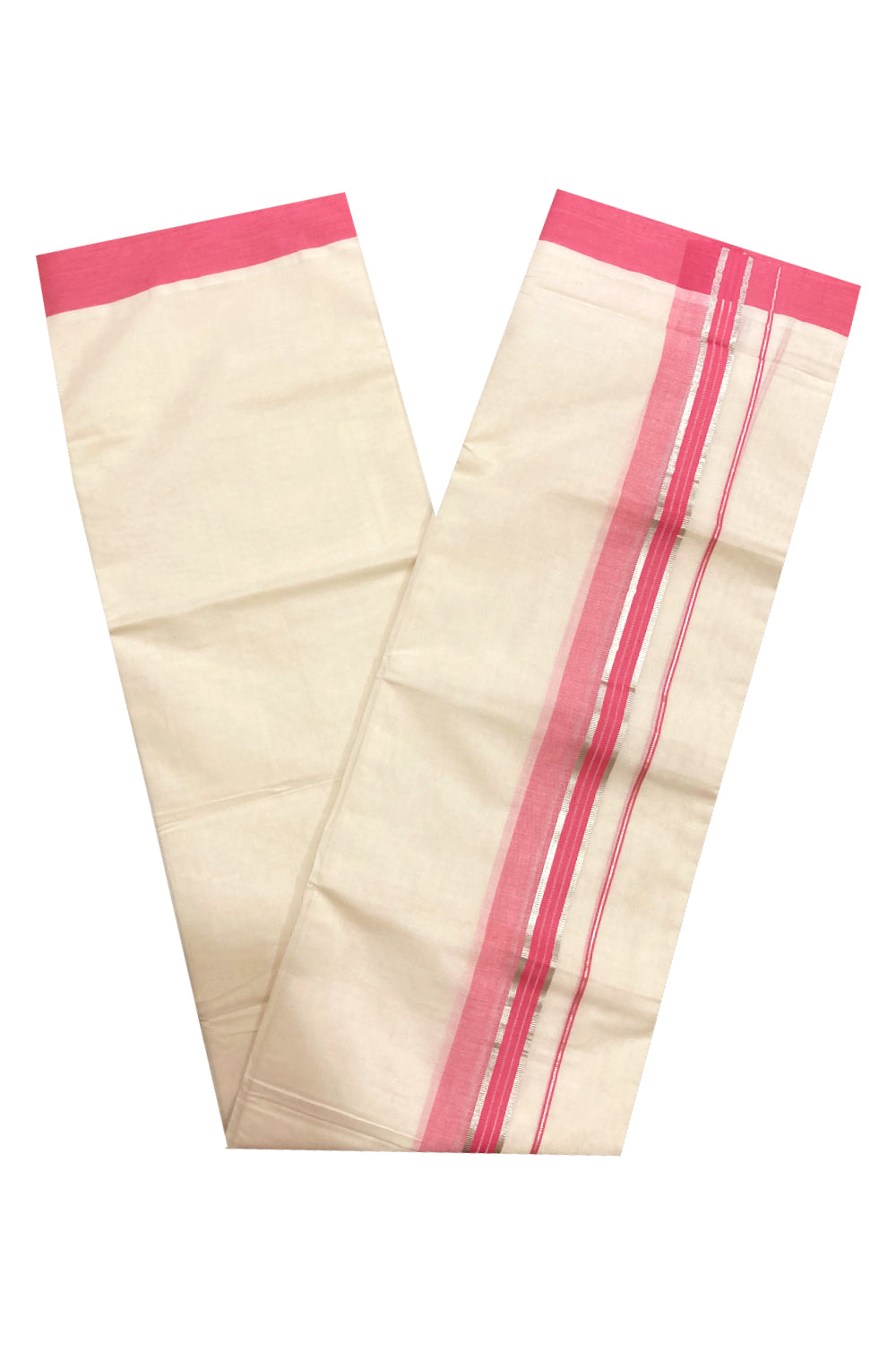 Off White Kerala Double Mundu with Silver Kasavu and Pink Border (South Indian Kerala Dhoti)